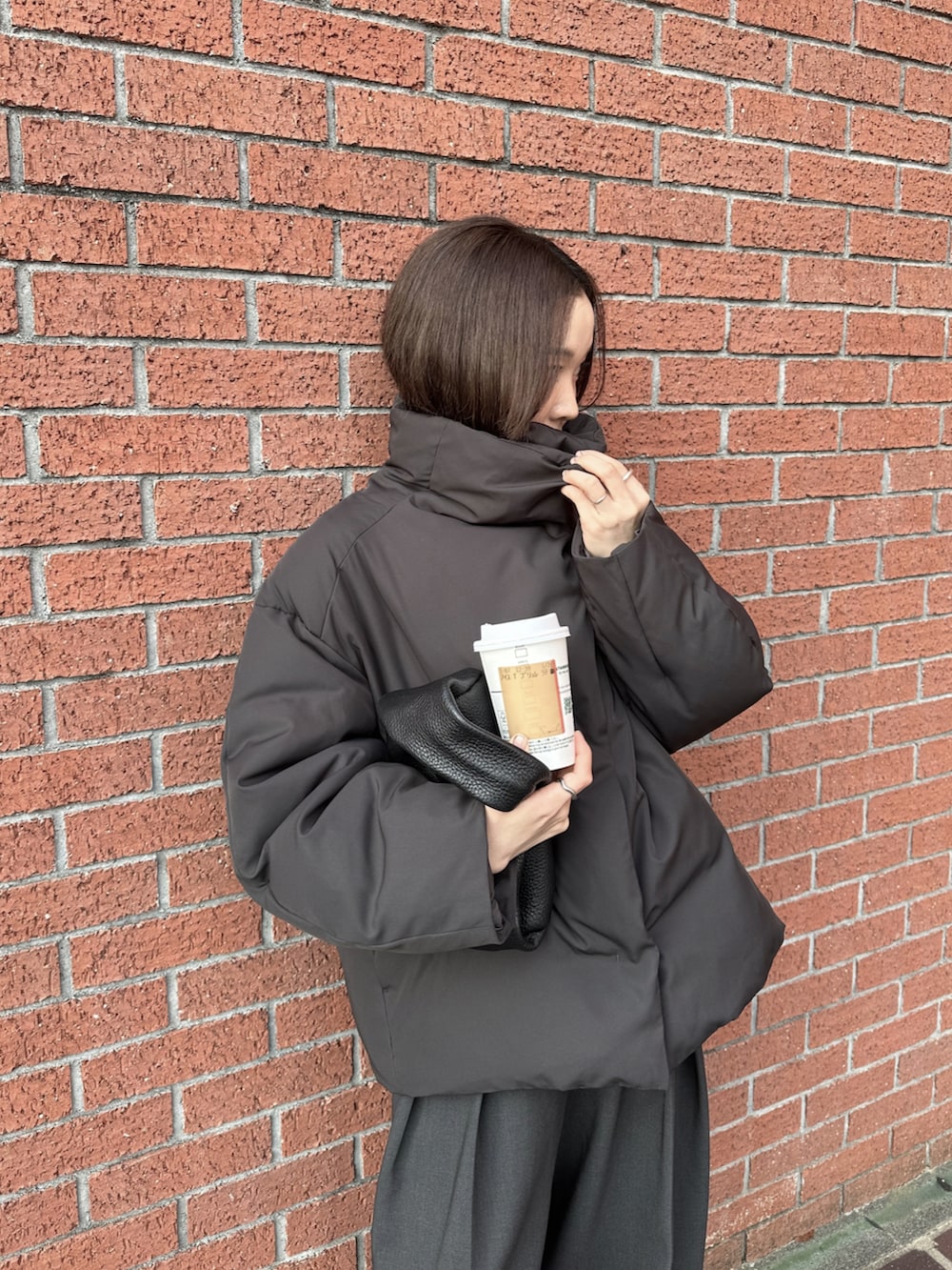 グレー系のダウンジャケット/コート、グレー系のその他パンツ、ブラック系のスニーカーを着用したレディースの冬コーディネートの2枚目の写真