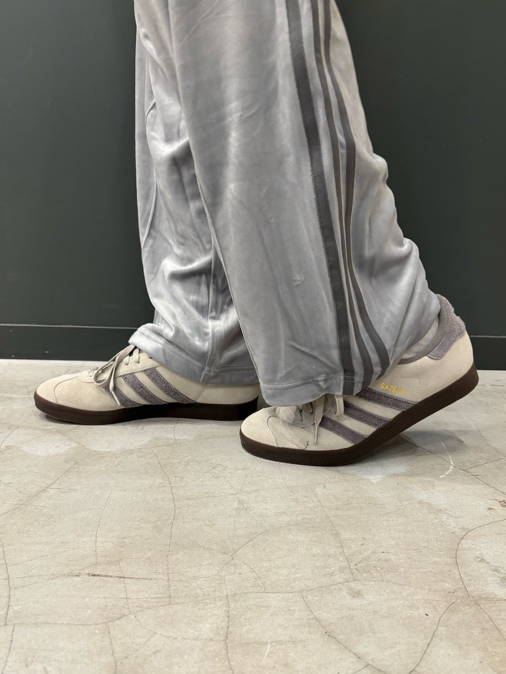 グレー系のジャージ、グレー系のその他パンツ、ベージュ系のスニーカーを着用したメンズの秋コーディネートの2枚目の写真