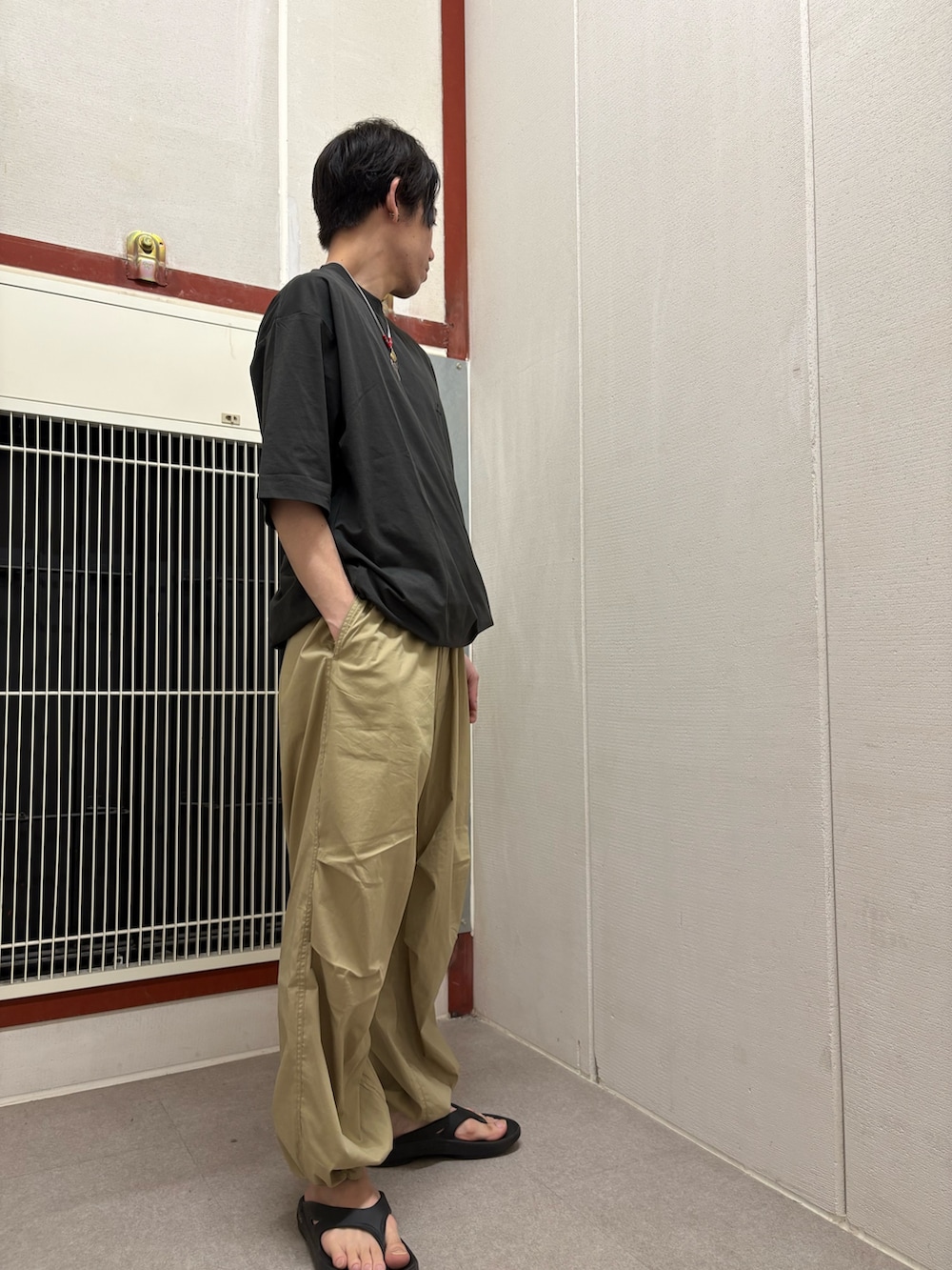 グレー系のTシャツ/カットソー、ベージュ系のその他パンツを着用したメンズの夏コーディネートの2枚目の写真