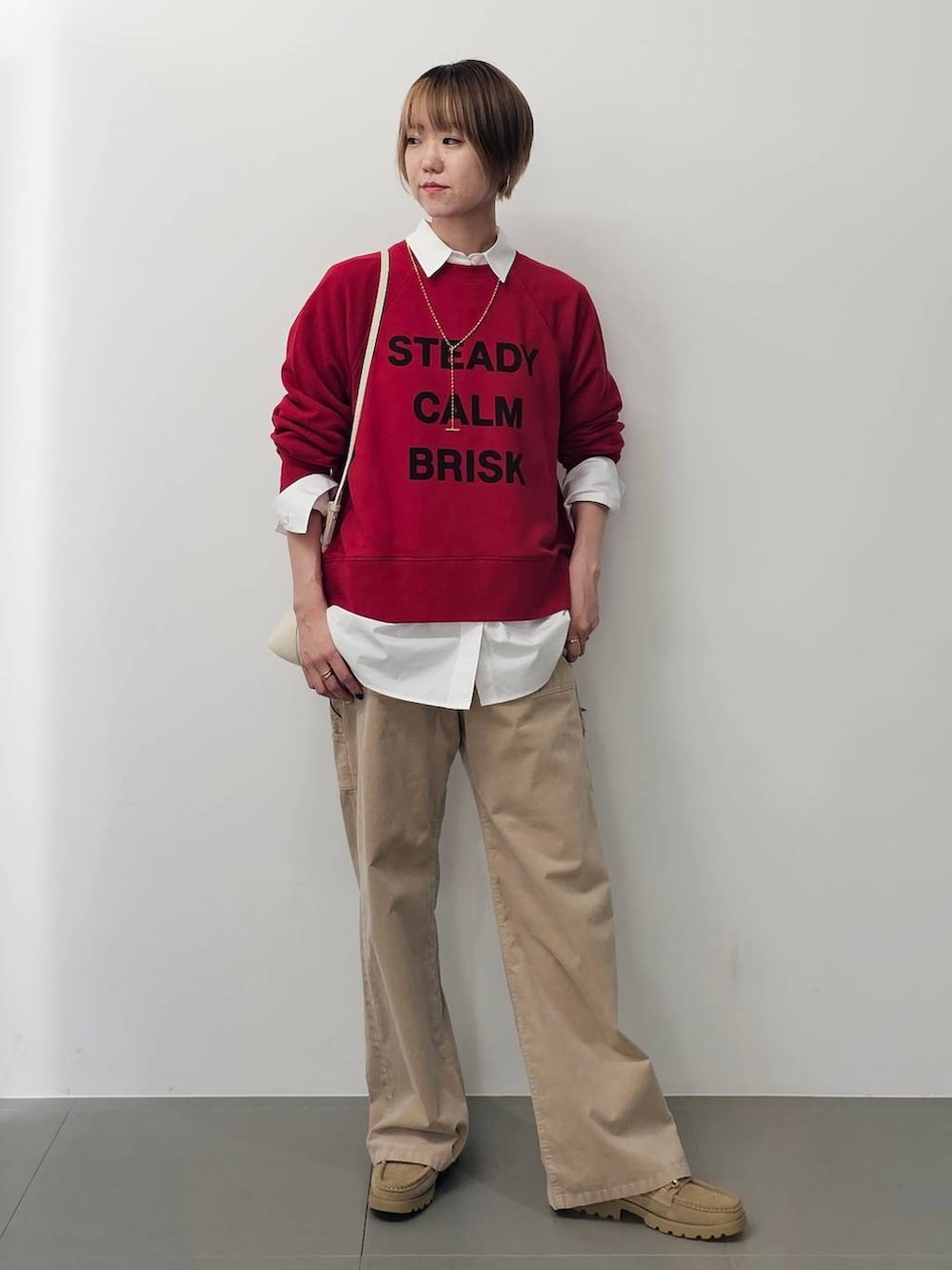 ホワイト系のショルダーバッグ、ホワイト系のシャツ/ブラウス、ベージュ系のチノパンツを着用したレディースの秋コーディネートの2枚目の写真