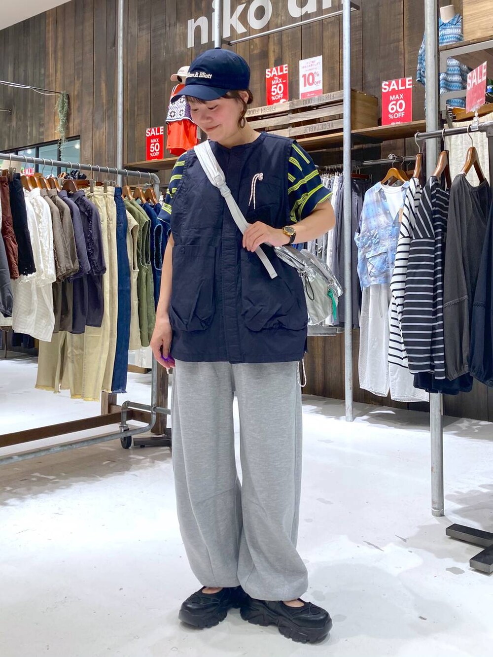 ブルー系のTシャツ/カットソー、ブラック系のスニーカー、グレー系のショルダーバッグを着用したレディースの夏コーディネートの2枚目の写真