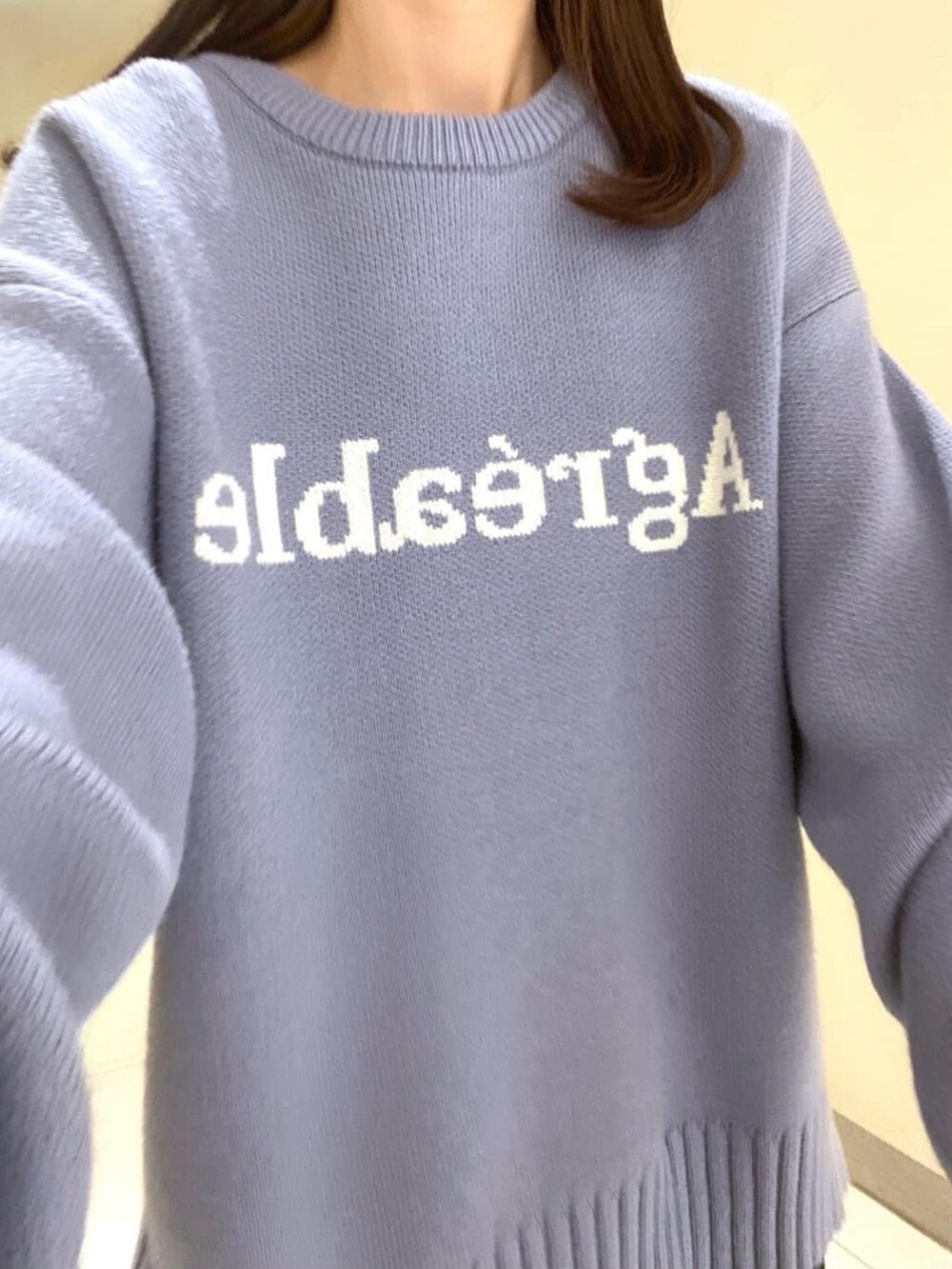 ブルー系のニット/セーター、ブラック系のスカート、ブラック系のショルダーバッグを着用したレディースの冬コーディネートの3枚目の写真