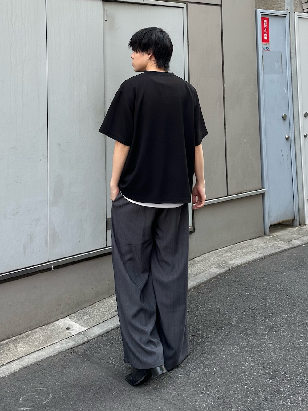 ブラック系のTシャツ/カットソー、グレー系のスラックスを着用したメンズの春コーディネートの3枚目の写真