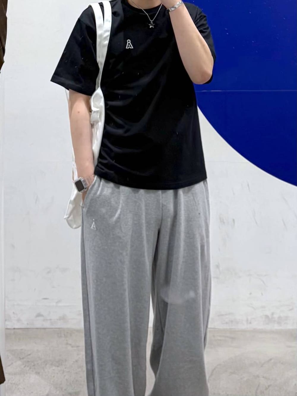 ブラック系のTシャツ/カットソー、グレー系のスウェットパンツ、ホワイト系のトートバッグを着用したメンズの春コーディネートの2枚目の写真