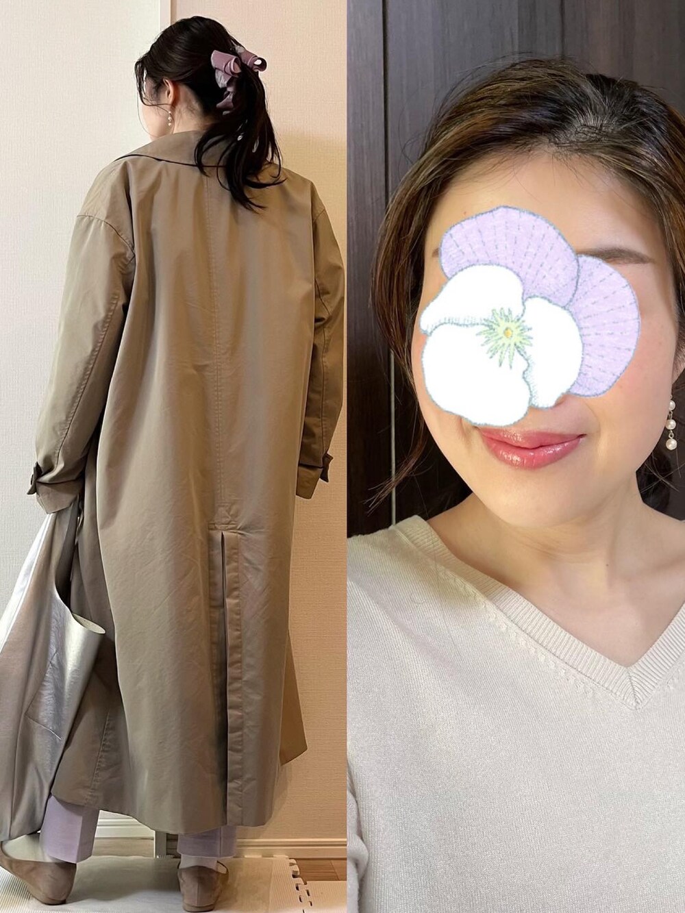 ベージュ系のトレンチコート、ブラック系のノーカラージャケット、ブラウン系のダウンジャケット/コートを着用したレディースの冬コーディネートの2枚目の写真