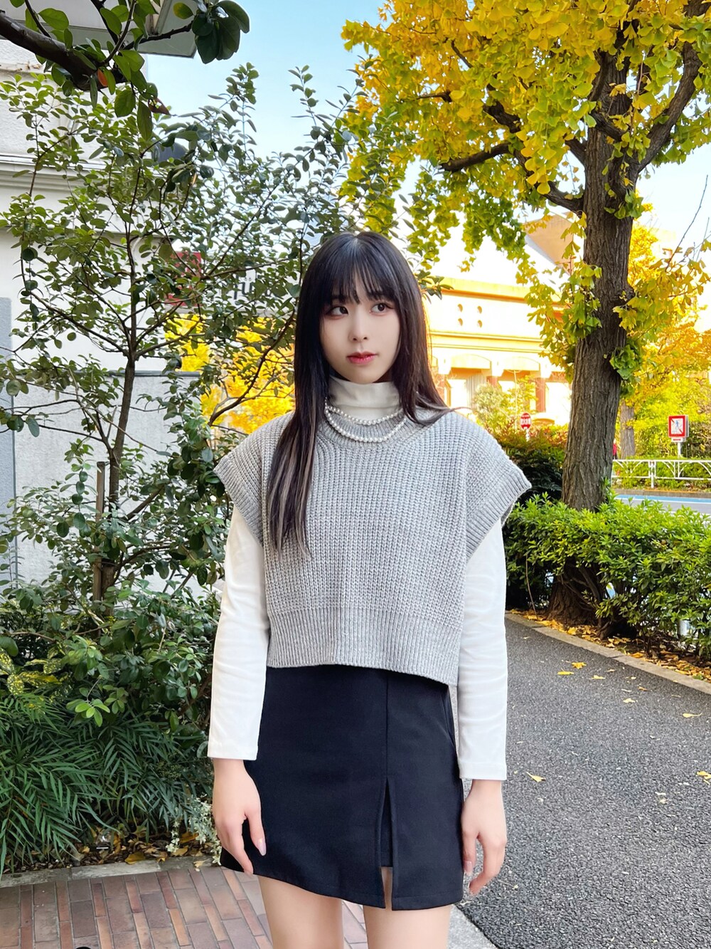 ブラック系のスカート、グレー系のベスト、ホワイト系のTシャツ/カットソーを着用したレディースの冬コーディネートの2枚目の写真