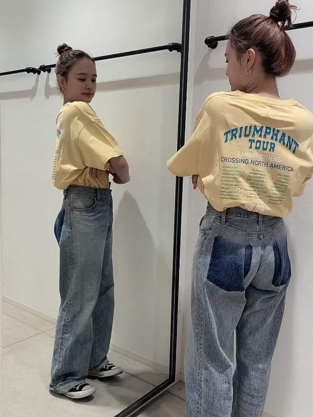 ブルー系のデニムパンツ、イエロー系のTシャツ/カットソーを着用したレディースの夏コーディネートの2枚目の写真