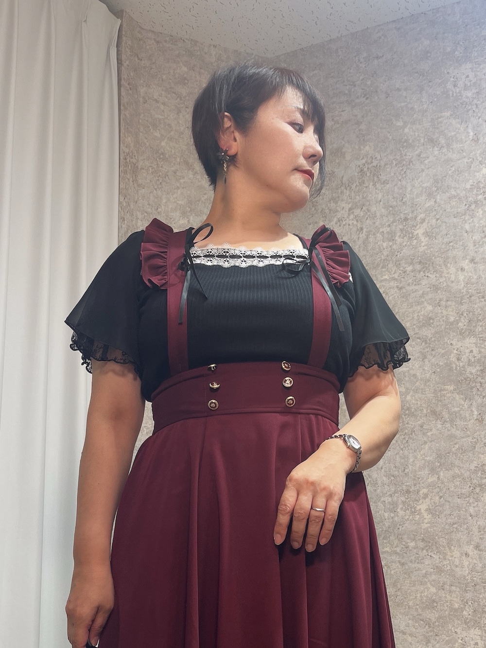「甘辛mix、甘辛、甘辛コーデ、はしごリボン、スカートスタイル、スカート、axes femme、夏ファッション、キレイめコーデ、おしゃれさんと繋がりたい」｜「axes femmeのレースアップブーサン（サンダル、ブラック系）」を使った、ジョーさん（レディース・161cm）の夏コーディネートの3枚目の写真
