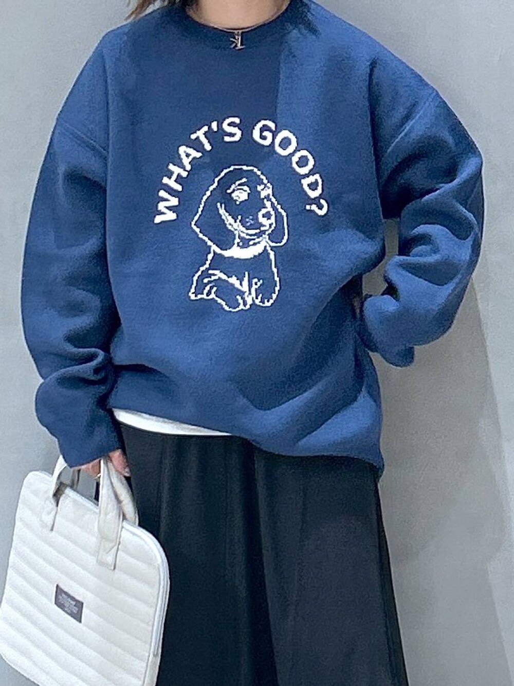 ブルー系のニット/セーター、ホワイト系のTシャツ/カットソー、ブラック系のスカートを着用したレディースの秋コーディネートの3枚目の写真