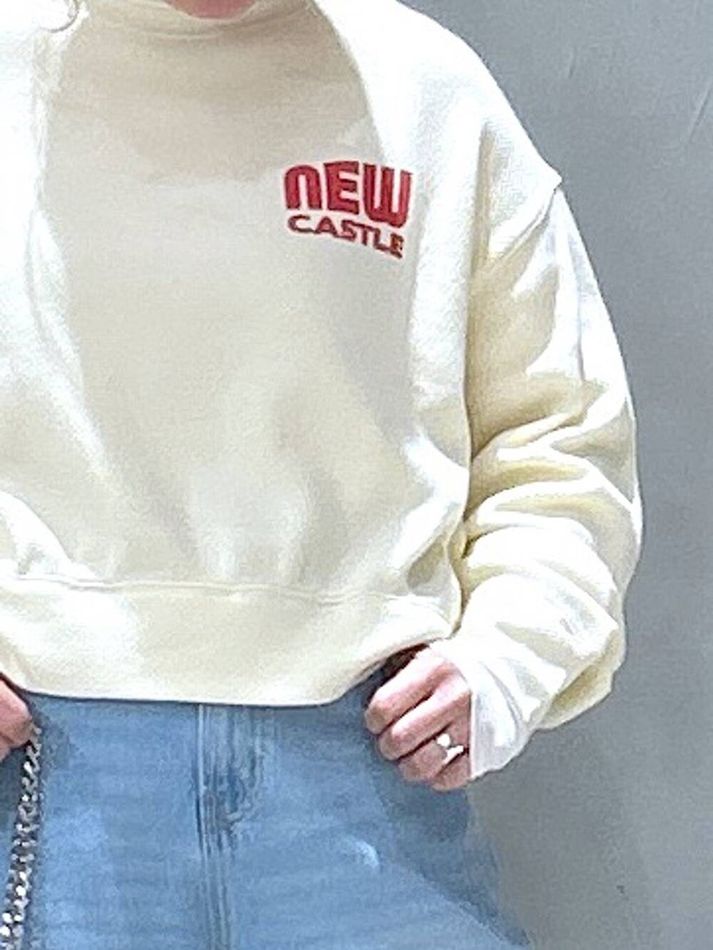 ブルー系のデニムパンツ、ベージュ系のTシャツ/カットソー、ブラック系のショルダーバッグを着用したレディースの冬コーディネートの5枚目の写真