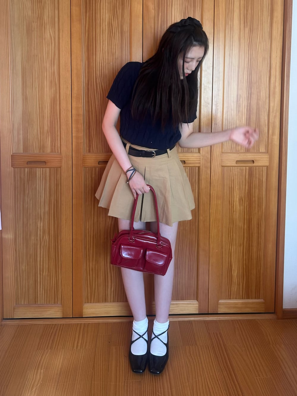「夏ルックで気分アップ、おしゃれさんと繋がりたい、休日スタイル、カラーコーデ、ミニスカート、韓国ファッション、ショルダーバッグ、ポロシャツ、プチプラ」｜「U.S. POLO ASSN.の＜U.S.POLO ASSN.＞ 半袖ケーブルポロ襟ニット（ニット/セーター、ブルー系）」を使った、cocoa.さん（骨格ウェーブ・レディース・168cm）の夏コーディネートの2枚目の写真