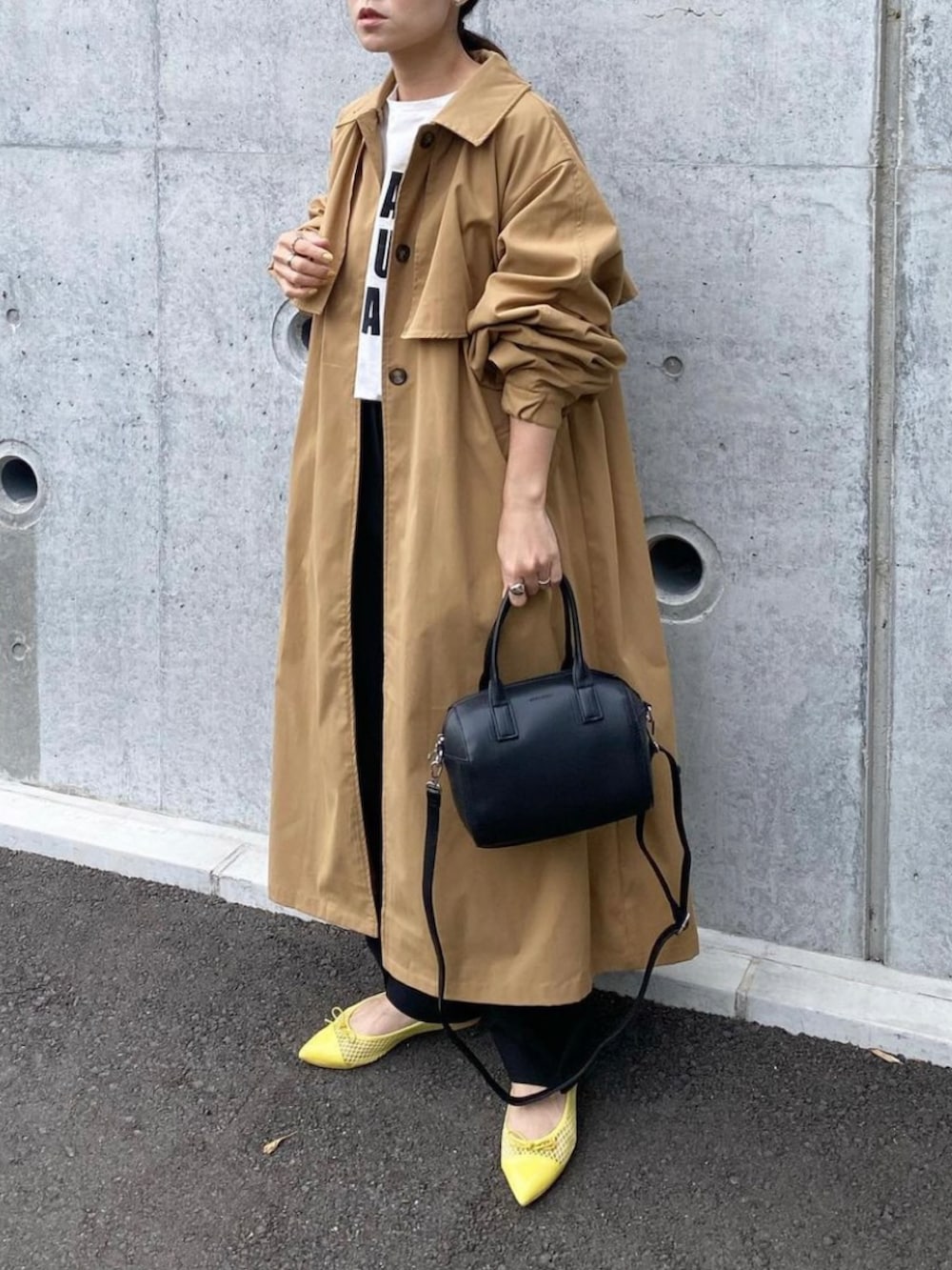 「emmafrancis、エマフランシス、バレエシューズ、バレエパンプス、フラットシューズ、春コーデ、イエロー、メッシュパンプス、ポインテッドトゥ、オトナカジュアル、きれいめカジュアル、ママコーデ、春カラー、大人カジュアル」｜「Emma Francisのポインテッドトゥ フラットバレエシューズ（バレエシューズ、イエロー系）」を使った、mikaさん（レディース・157cm）の春コーディネートの3枚目の写真