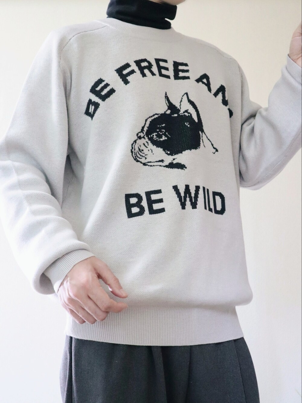 ベージュ系のニット/セーター、グレー系のその他パンツ、ブラック系のバックパック/リュックを着用したメンズの冬コーディネートの2枚目の写真