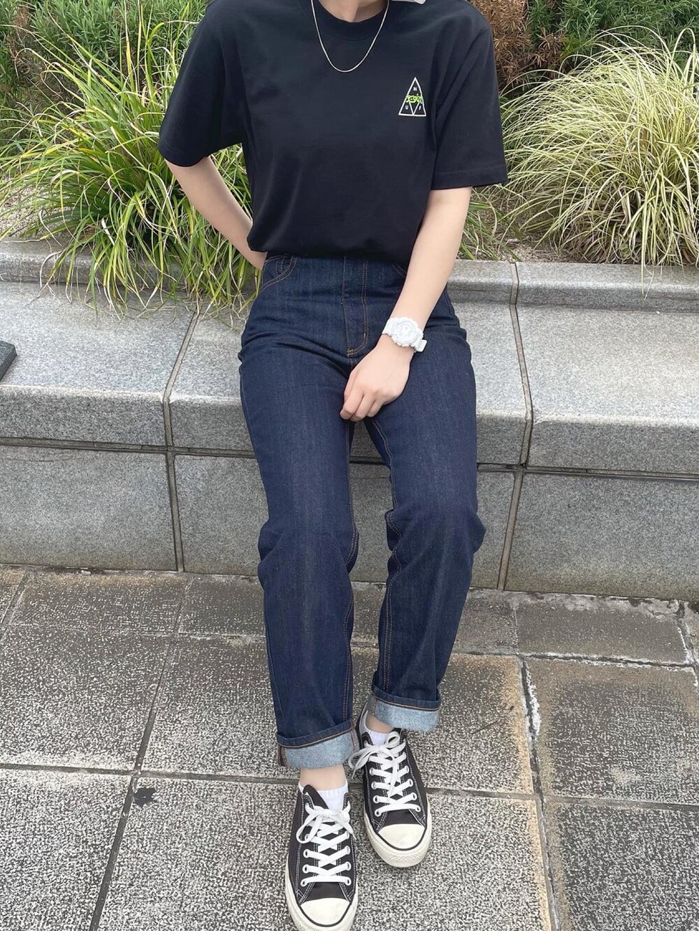 「HUF、hufworldwide、GU、デニム、ストレートデニム、xgirl」｜「X-girlのX-girl × HUF S/S RELAX TEE（Tシャツ/カットソー、ブラック系）」を使った、💡アン💡さん（レディース・154cm）の夏コーディネートの2枚目の写真