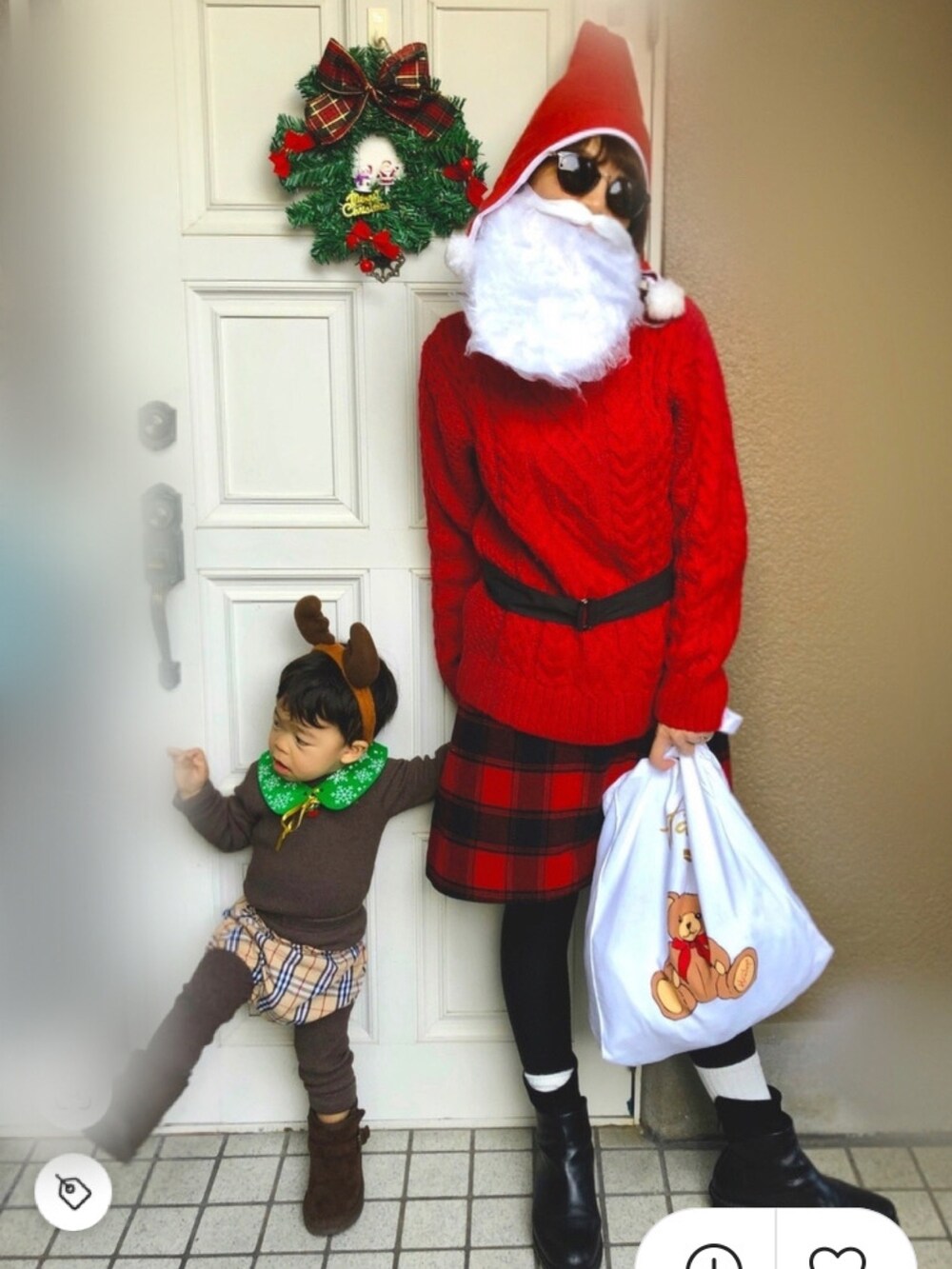 「クリスマスに着たい服、3歳、マイベストコーデ2021、セットアップ、サンタクロース、トナカイ、Merry Christmas」｜「Sunny cloudsのＳＵＮＮＹ　ＣＬＯＵＤＳ　カウチンボアコート＜レディース＞（その他アウター、ブラウン系）」を使った、nohana＊＊＊kent さん（キッズ・90cm）の冬コーディネートの4枚目の写真