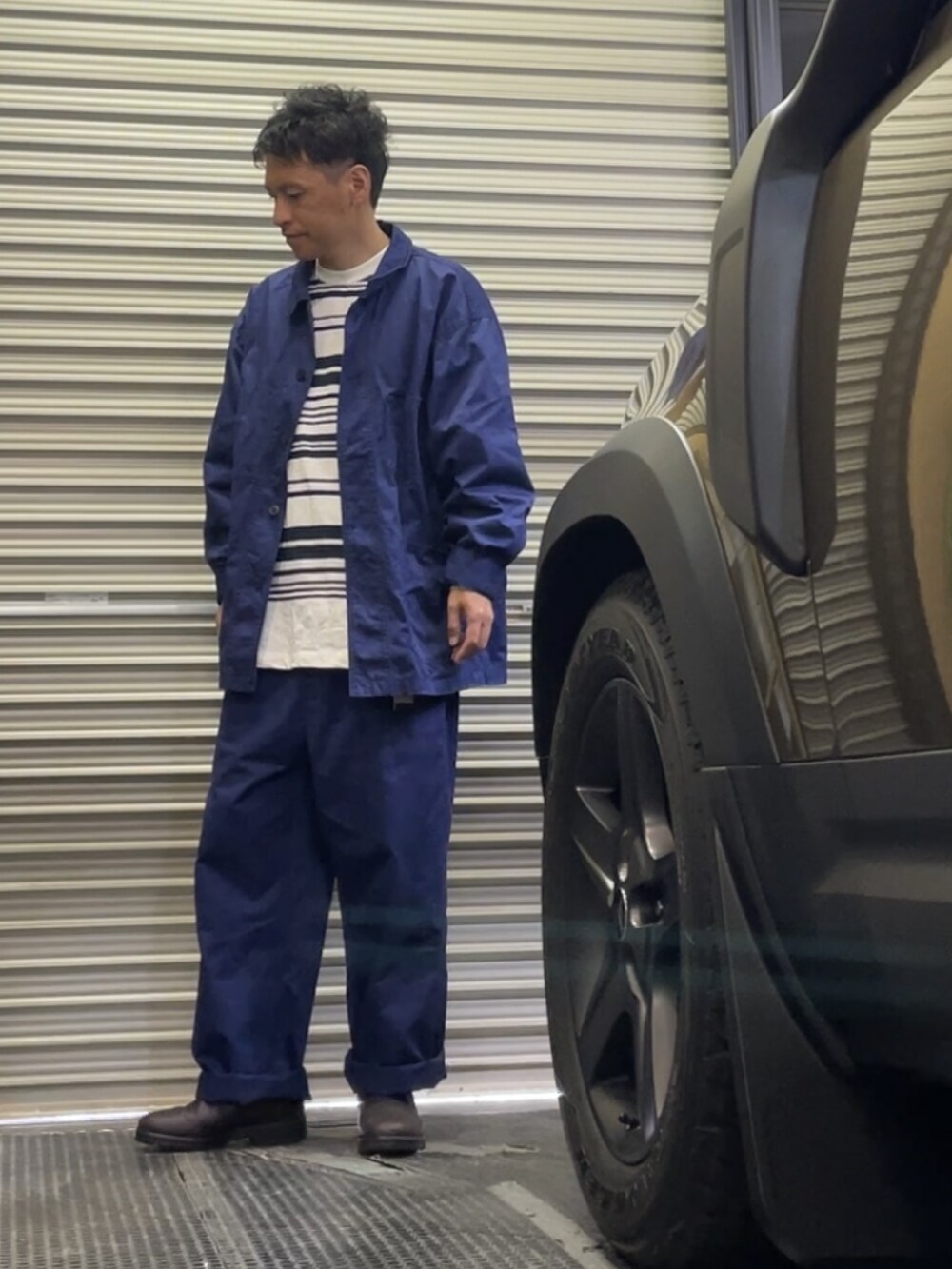 「セットアップ、ブーツ、ボーダー、キャップ、ワーク、ワークパンツ、ワークジャケット、フレンチブルー」|「AIR FORCE 1 LOWのAIR FORCE 1 LOW CARHARTT WIP ALE BROWN(スニーカー、ブラウン系)」を使った、クロ🐑さん(メンズ・168cm)の秋コーディネートの5枚目の写真