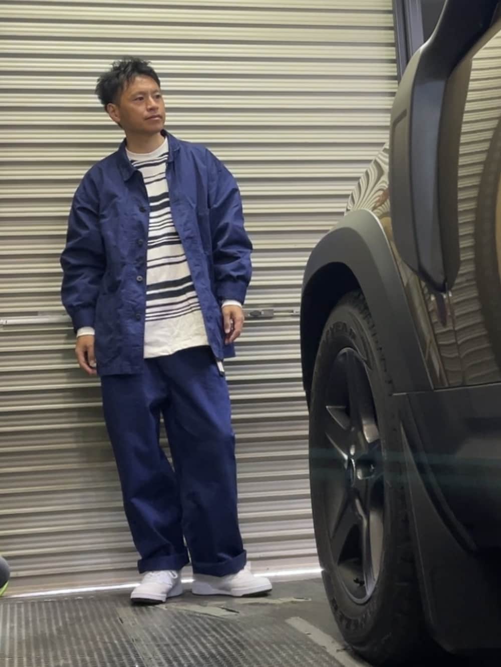 「セットアップ、ブーツ、ボーダー、キャップ、ワーク、ワークパンツ、ワークジャケット、フレンチブルー」|「AIR FORCE 1 LOWのAIR FORCE 1 LOW CARHARTT WIP ALE BROWN(スニーカー、ブラウン系)」を使った、クロ🐑さん(メンズ・168cm)の秋コーディネートの4枚目の写真