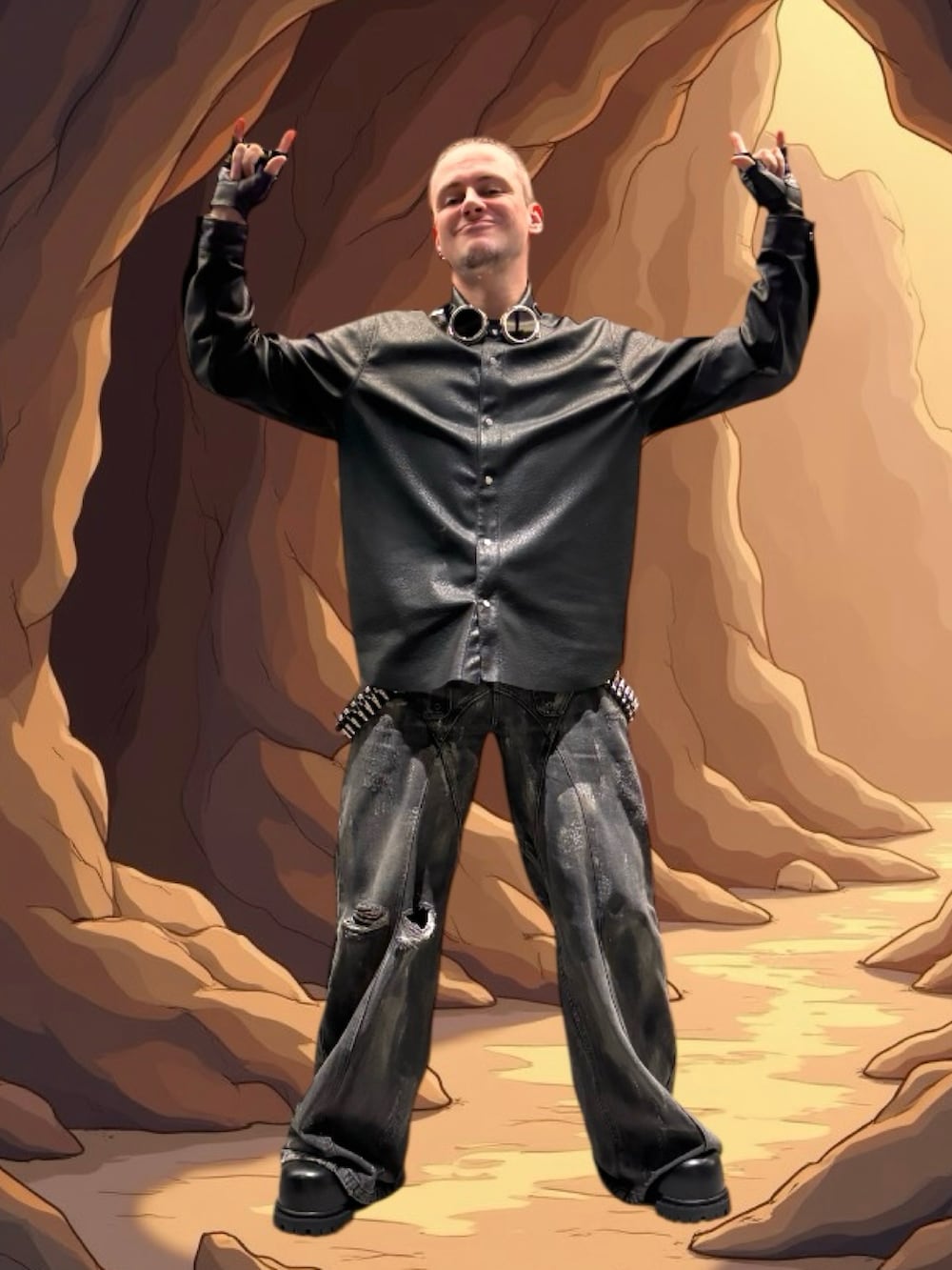 ブラック系のシャツ/ブラウス、グレー系のデニムパンツ、ブラック系のブーツを着用したメンズの冬コーディネートの2枚目の写真