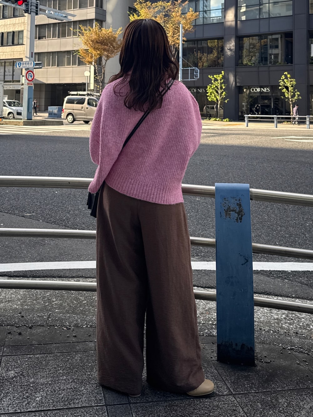 ブラウン系のその他パンツ、ピンク系のニット/セーターを着用したレディースの秋コーディネートの5枚目の写真