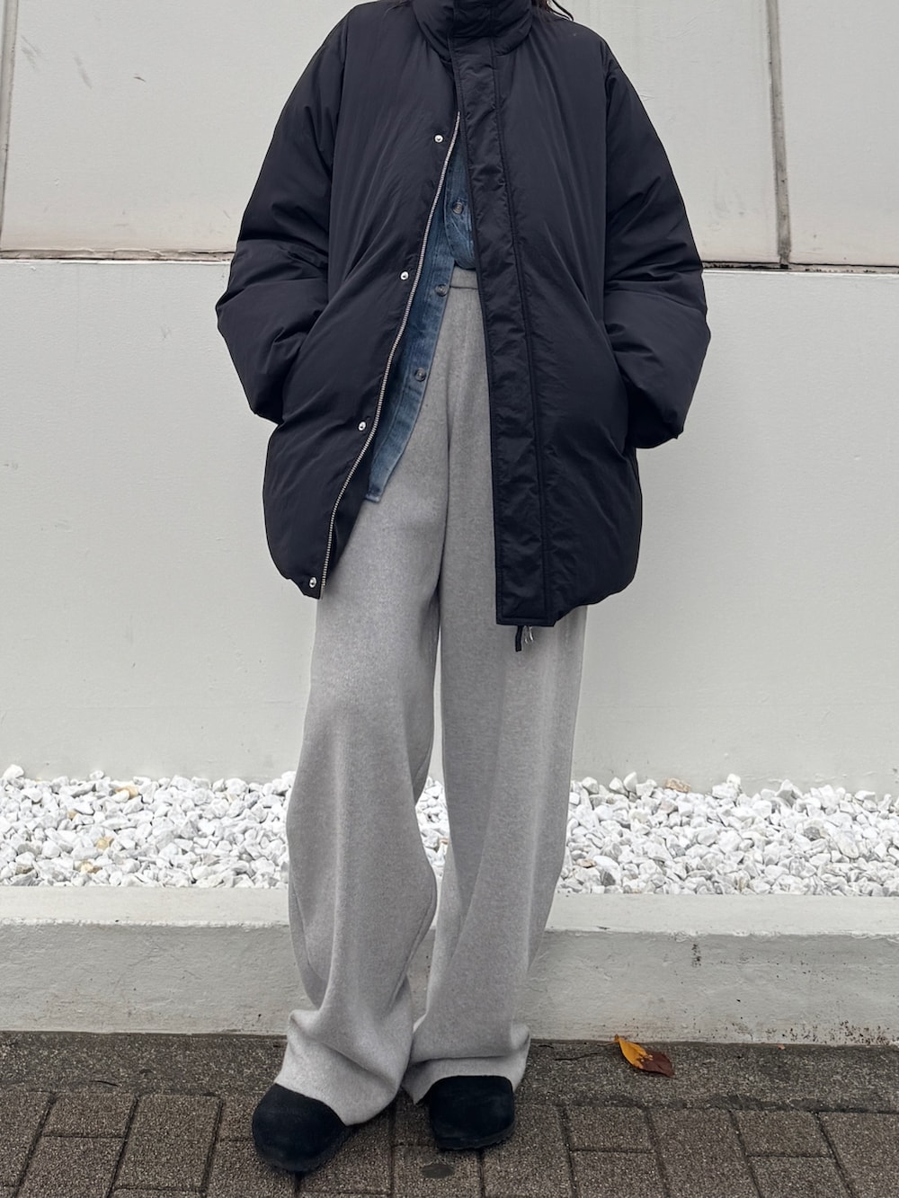 グレー系のその他パンツ、ブルー系のシャツ/ブラウス、ブラック系のダウンジャケット/コートを着用したレディースの秋コーディネートの5枚目の写真