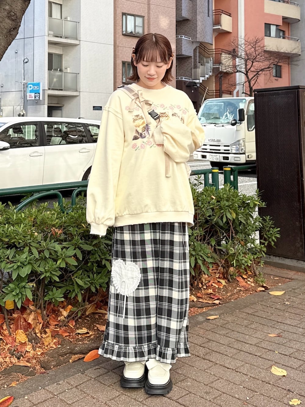 ベージュ系のスウェット、ベージュ系のショルダーバッグ、ベージュ系のスカートを着用したレディースの冬コーディネートの2枚目の写真