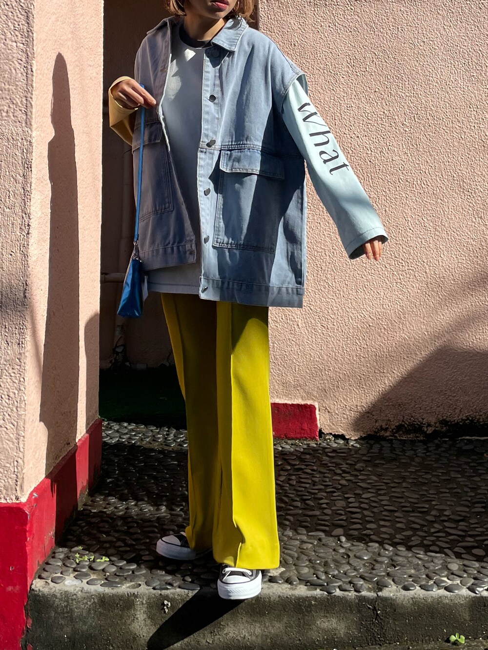 ホワイト系のTシャツ/カットソー、グリーン系のその他パンツ、ブルー系のベストを着用したレディースの春コーディネートの2枚目の写真