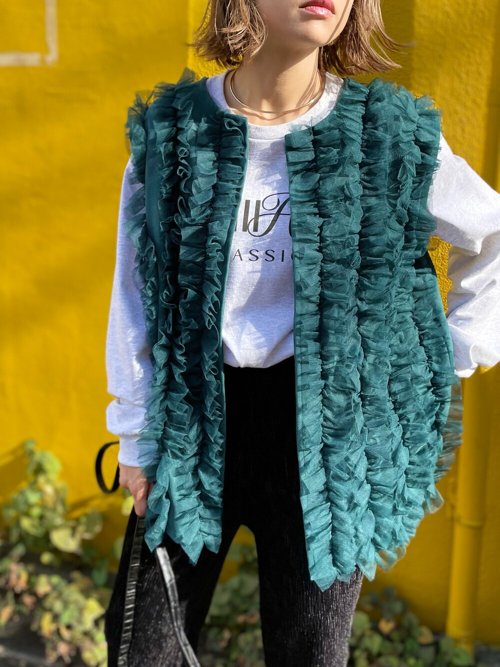 ブルー系のベスト、ベージュ系のTシャツ/カットソー、ブラック系のその他パンツを着用したレディースの秋コーディネートの5枚目の写真