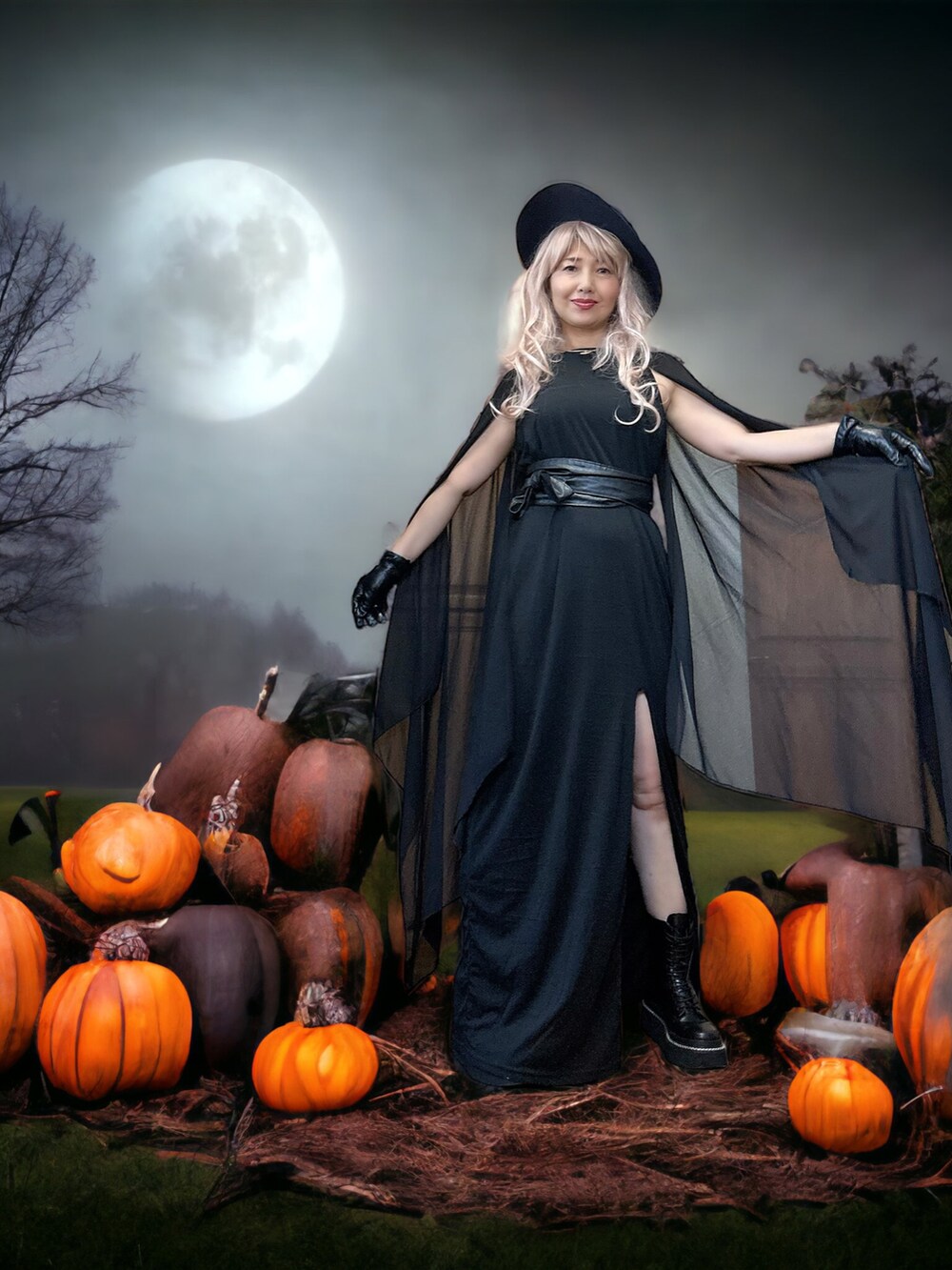 ブラック系のワンピース/ドレス、ブラック系のブーツ、ブルー系のハットを着用したレディースの秋コーディネートの5枚目の写真