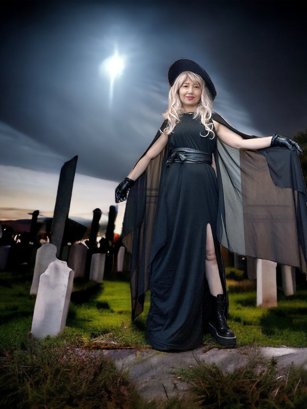 ブラック系のワンピース/ドレス、ブラック系のブーツ、ブルー系のハットを着用したレディースの秋コーディネートの3枚目の写真