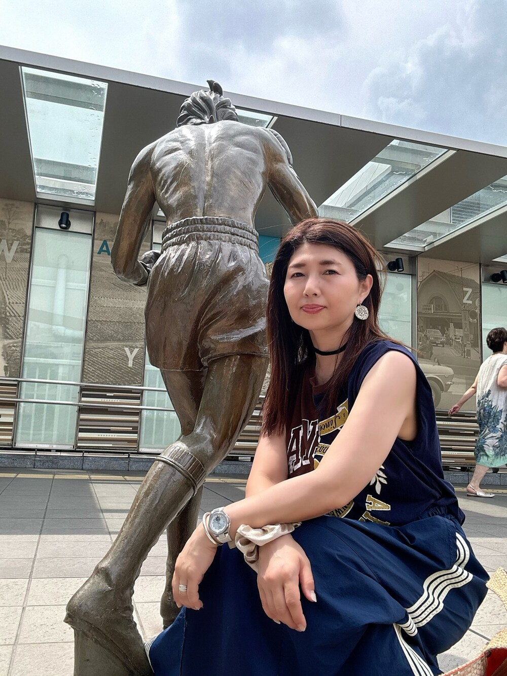 「キレイめカジュアル、着回しコーデ、スカート、ブーツ、トートバッグ、ノースリーブ、スポーツミックス、スウィーツ同盟会」｜「CIAOPANIC TYPYの【etsinta/エシンタ】リメイクジャージボリュームスカート（スカート、ブルー系）」を使った、toshikoshiさん（レディース・160cm）の夏コーディネートの4枚目の写真