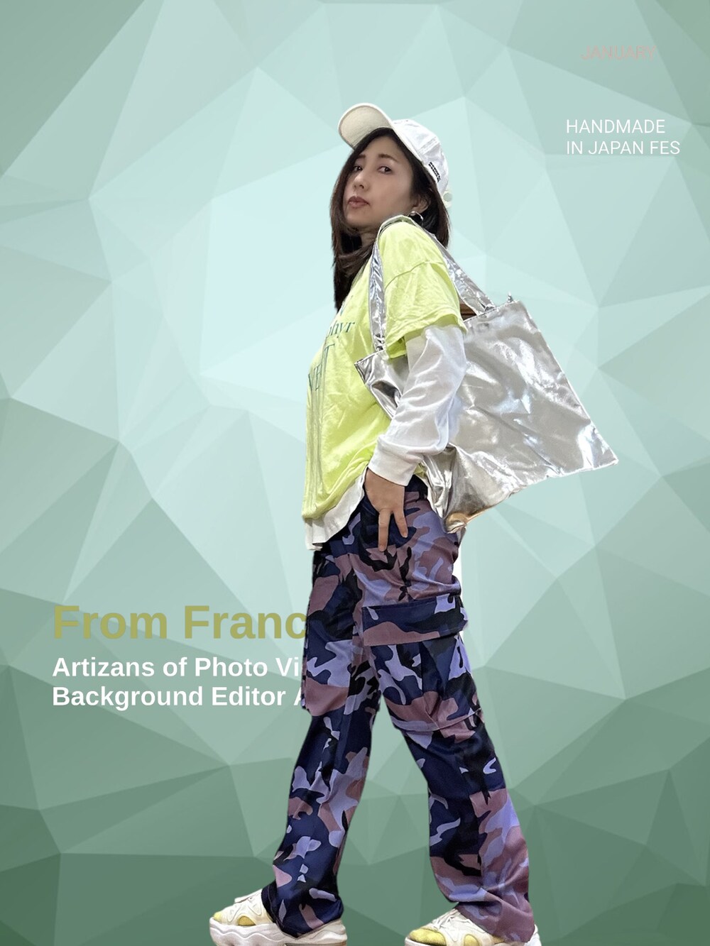 パープル系のカーゴパンツ、イエロー系のTシャツ/カットソー、シルバー系のショルダーバッグを着用したレディースの春コーディネートの2枚目の写真