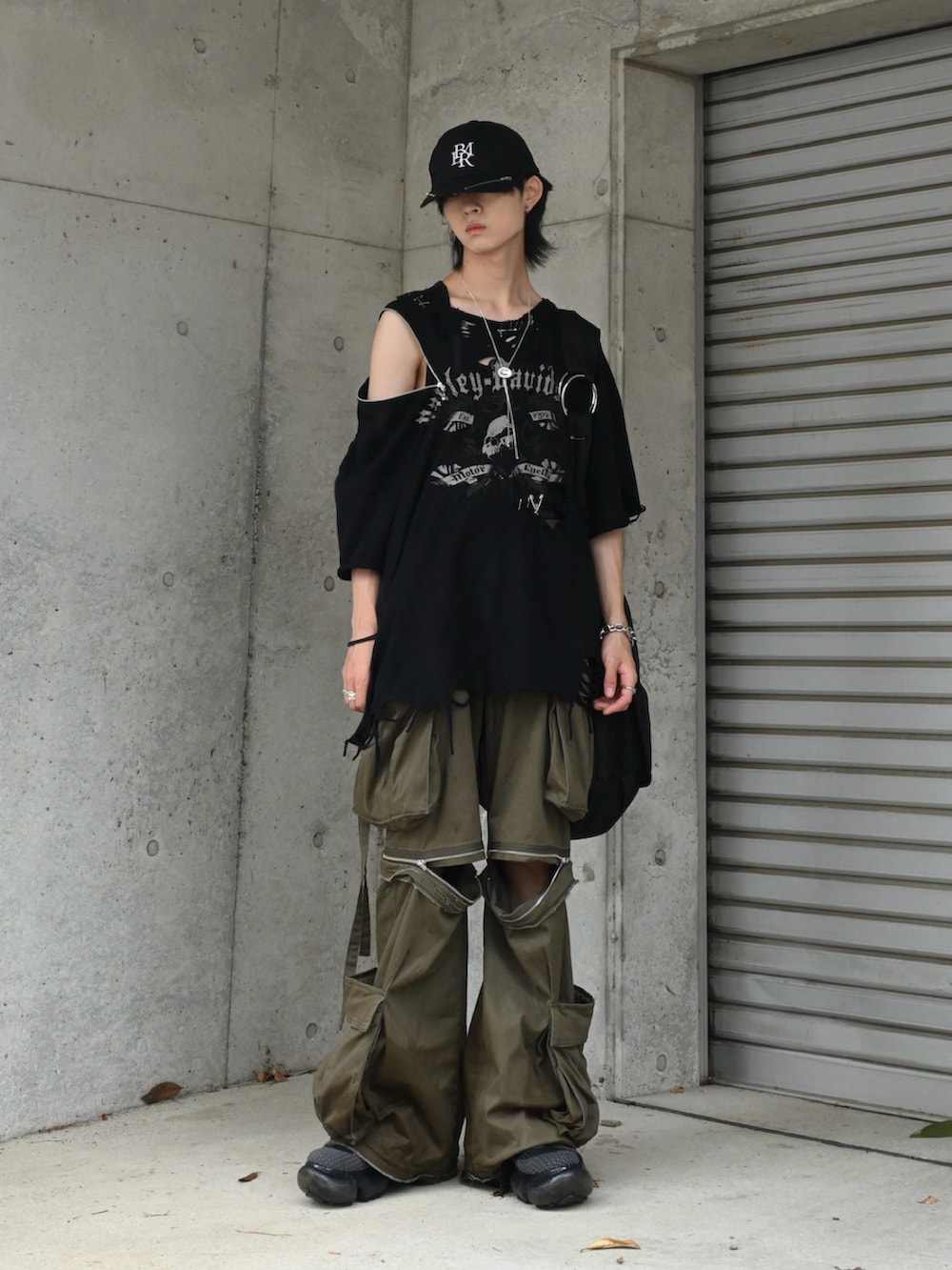 Grancy ナイロンパンツ　グレーグリーン　M GRANCY】Button Layered Design Nylon Pants / ボタンレイヤード