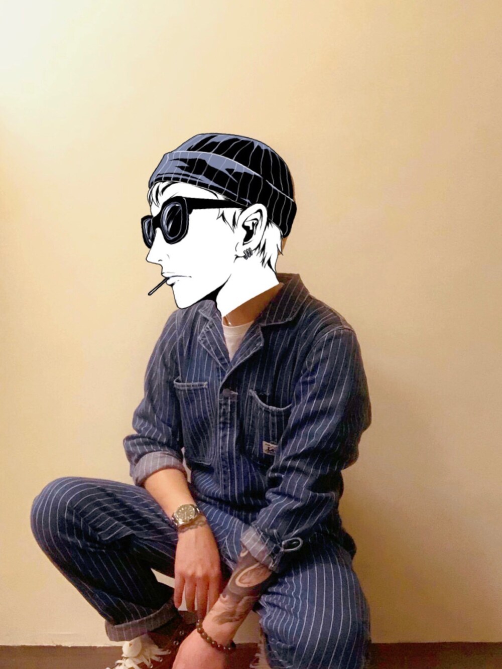 「ootd、街頭穿搭、球鞋、休閒、復古、日系極簡、牛仔褲、工裝褲、白T、converse、古着MIX、lee jeans、LEE」｜「Leeのアイテム（つなぎ/オールインワン、ブルー系）」を使った、hkfreewearさん（メンズ・180cm）の冬コーディネートの2枚目の写真