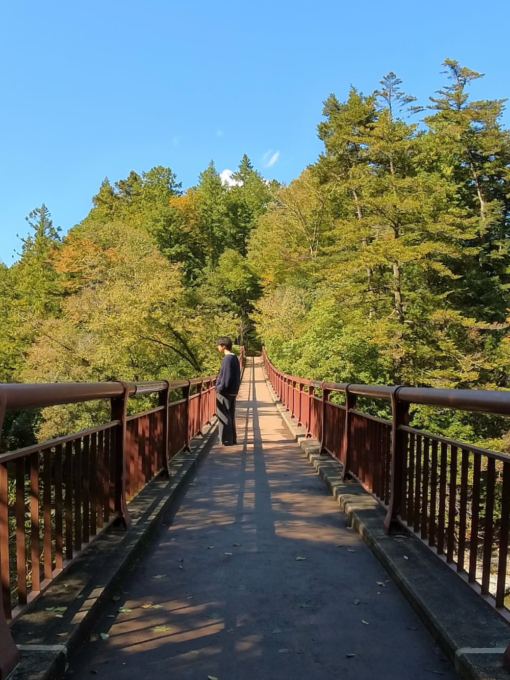 ブラック系のスニーカー、ブルー系のニット/セーター、ベージュ系のスウェットを着用したメンズの冬コーディネートの2枚目の写真