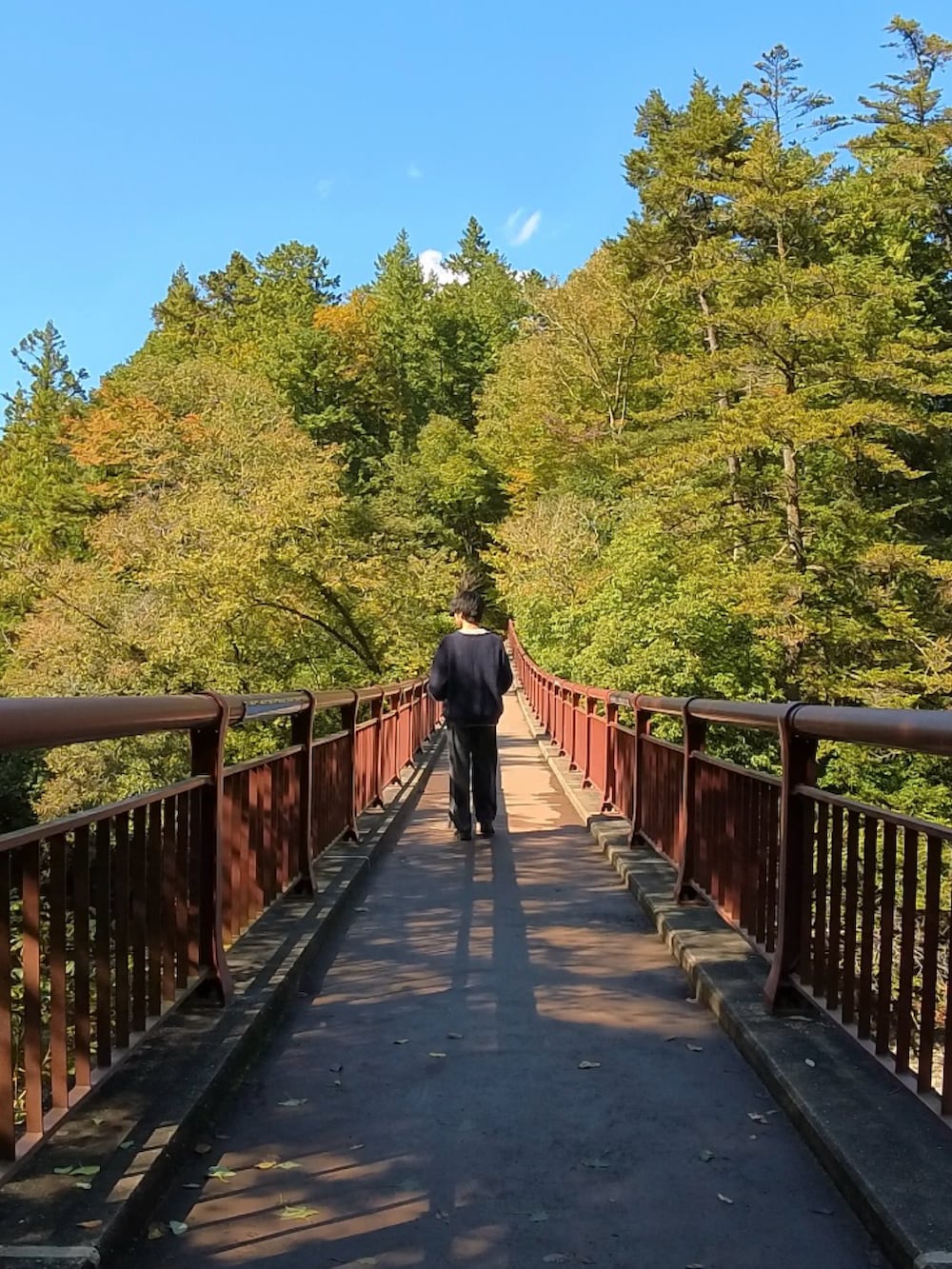 ブラック系のスニーカー、ブルー系のニット/セーター、ベージュ系のスウェットを着用したメンズの冬コーディネートの3枚目の写真