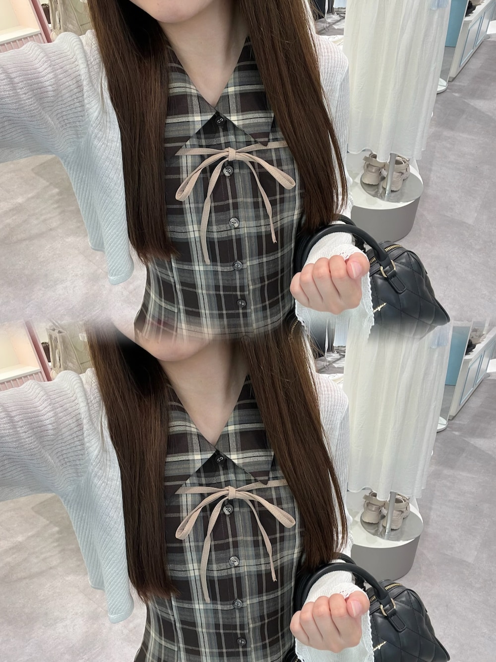 ブラウン系のワンピース、ホワイト系のカーディガン/ボレロ、ブラック系のボストンバッグを着用したレディースの夏コーディネートの2枚目の写真