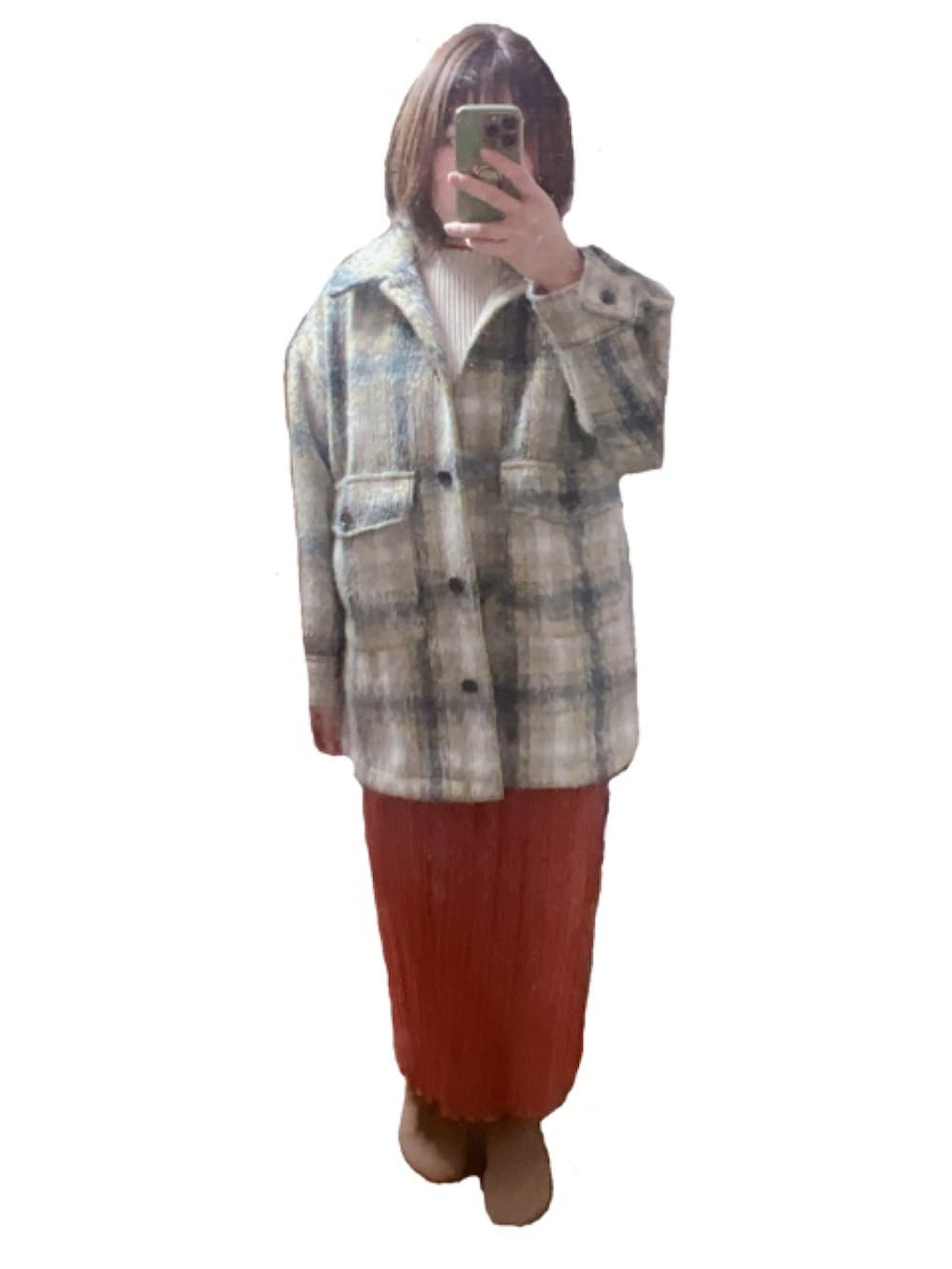 ホワイト系のニット/セーター、レッド系のスカート、ベージュ系のテーラードジャケットを着用したレディースの春コーディネートの2枚目の写真