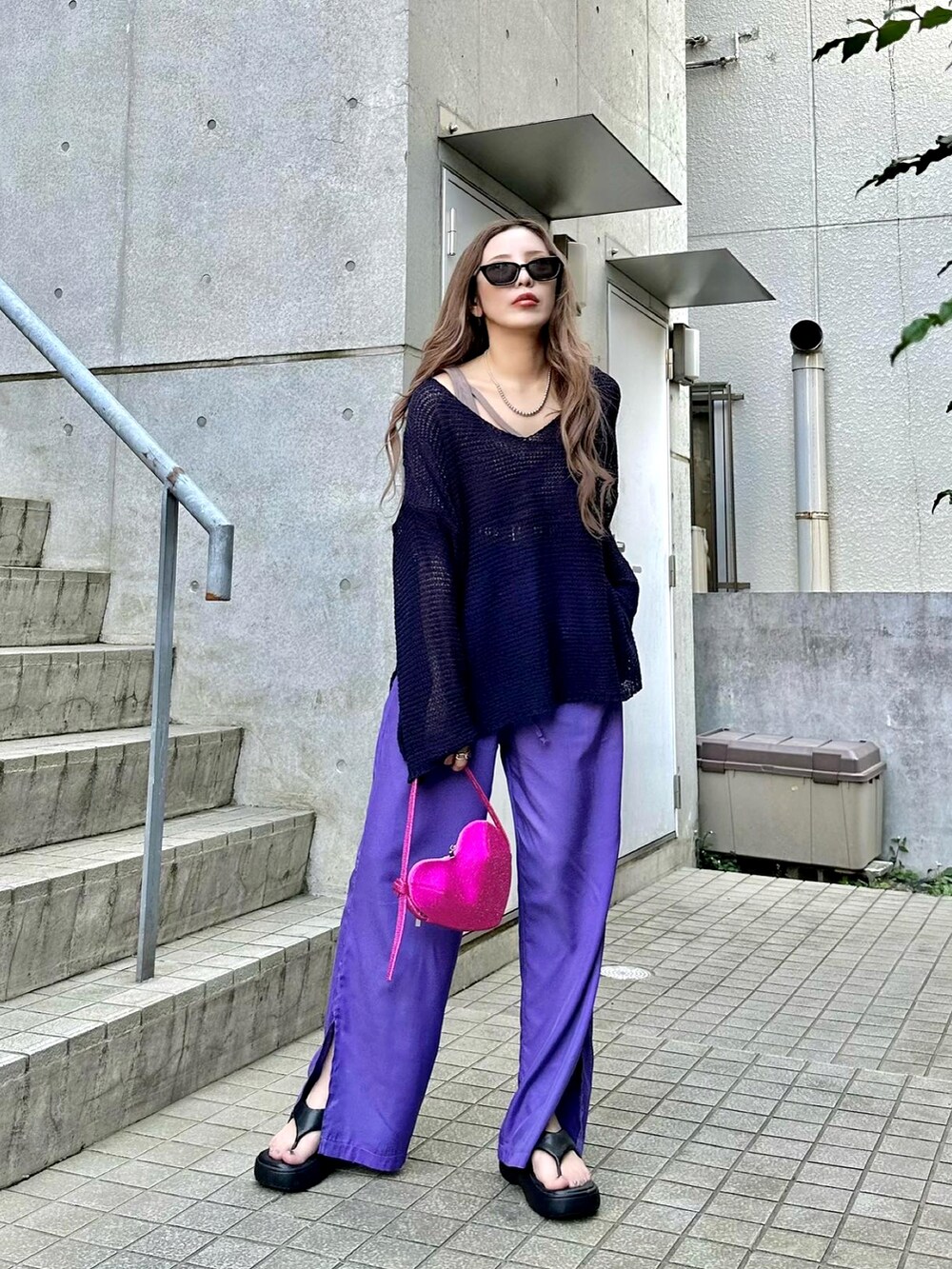 「お出かけコーデ日記、休日スタイル、カラーコーデ、ZARA、primaras、お洒落さんとつながりたい、メッシュニット、ハイウエスト、夏コーデ、厚底サンダル、ゆったりコーデ、低身長コーデ、サングラス、youtube、ビッグカラー」｜「primarasのアイテム（トップス、ブルー系）」を使った、Rie_eさん（レディース・154cm）の春コーディネートの2枚目の写真