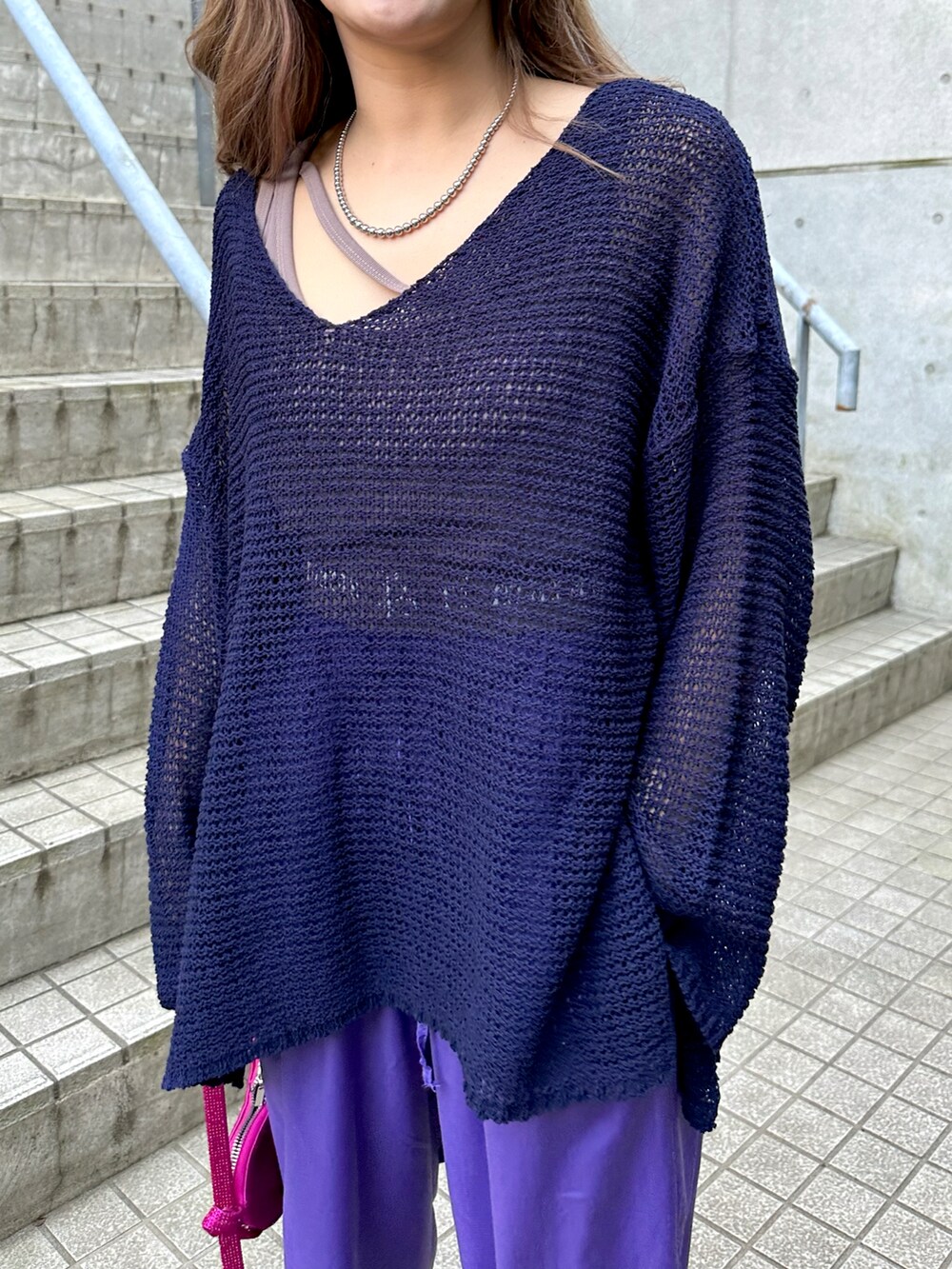「お出かけコーデ日記、休日スタイル、カラーコーデ、ZARA、primaras、お洒落さんとつながりたい、メッシュニット、ハイウエスト、夏コーデ、厚底サンダル、ゆったりコーデ、低身長コーデ、サングラス、youtube、ビッグカラー」｜「primarasのアイテム（トップス、ブルー系）」を使った、Rie_eさん（レディース・154cm）の春コーディネートの5枚目の写真