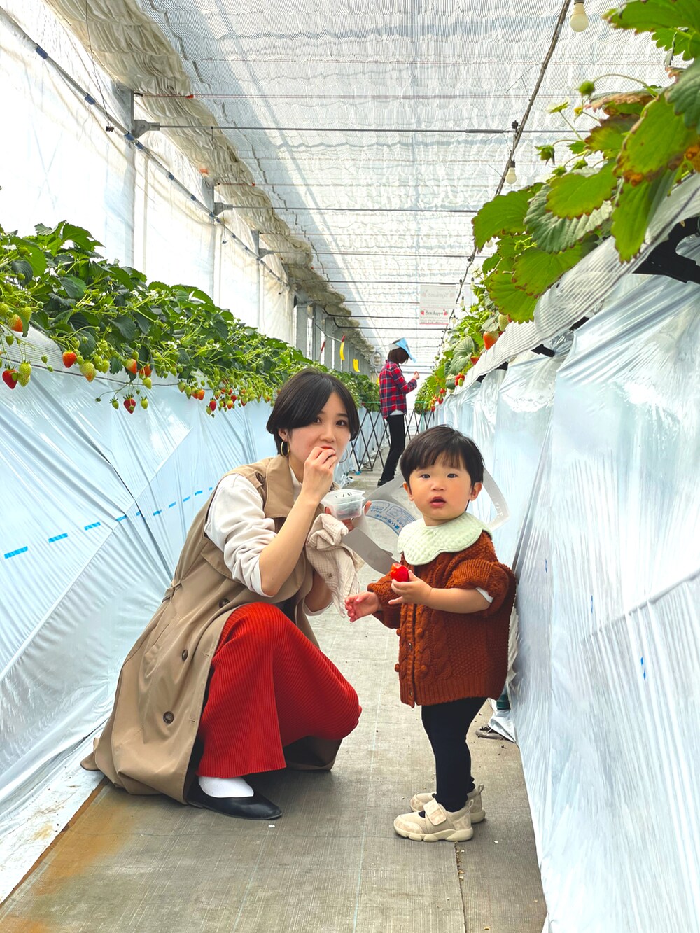 オレンジ系のスカート、ホワイト系のTシャツ/カットソー、オレンジ系のニット/セーターを着用したレディースの春コーディネートの2枚目の写真