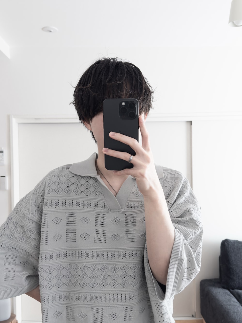 hopeさんの「【RUUBON】geo mesh skipper knit polo shirt /ジオメッシュスキッパーニットポロシャツ（RUUBON）」を使ったコーディネートの2枚目の写真