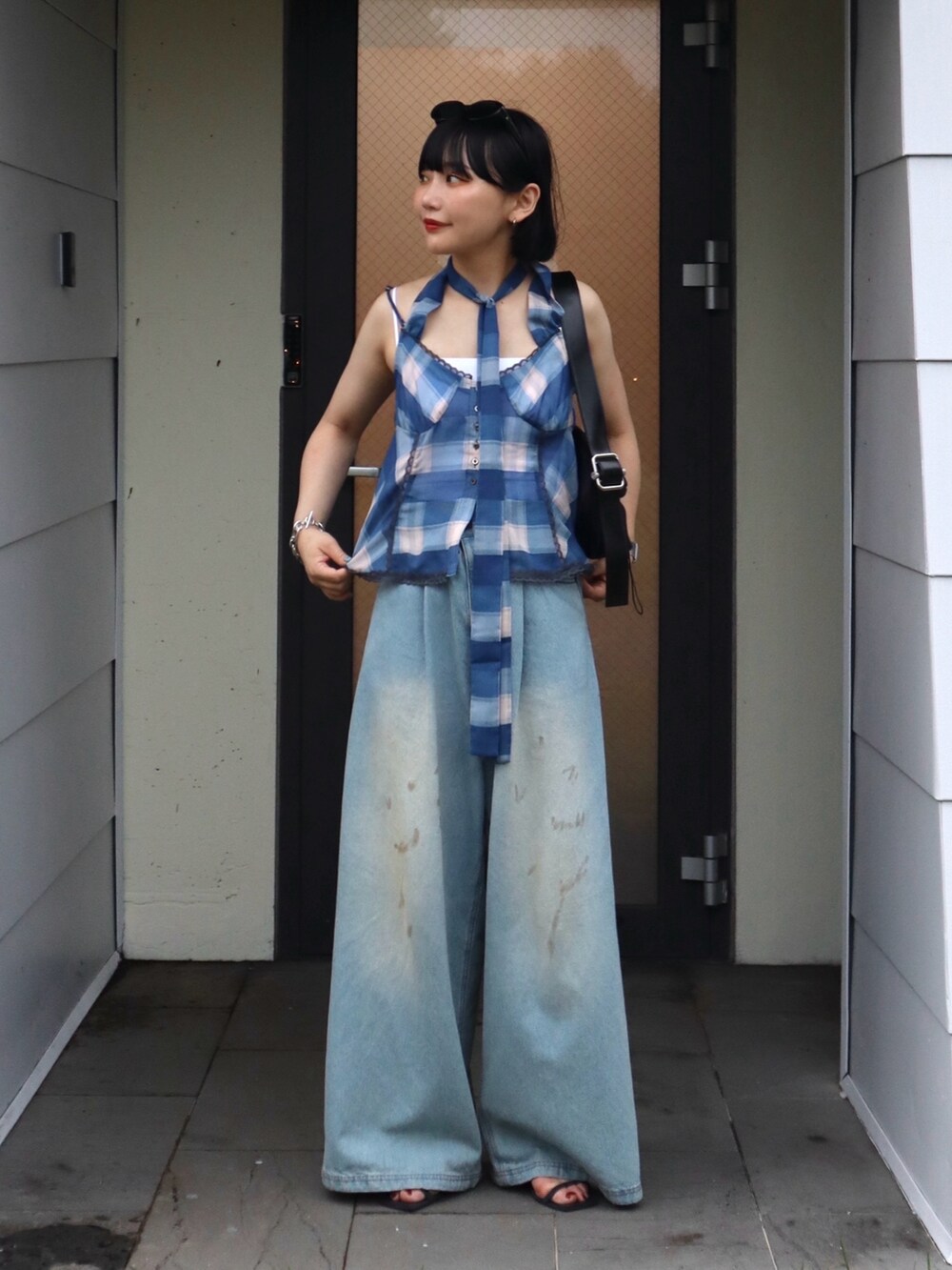 Plaid Halter Peplum Sheer Tops/チェックホルターペプラムシアー