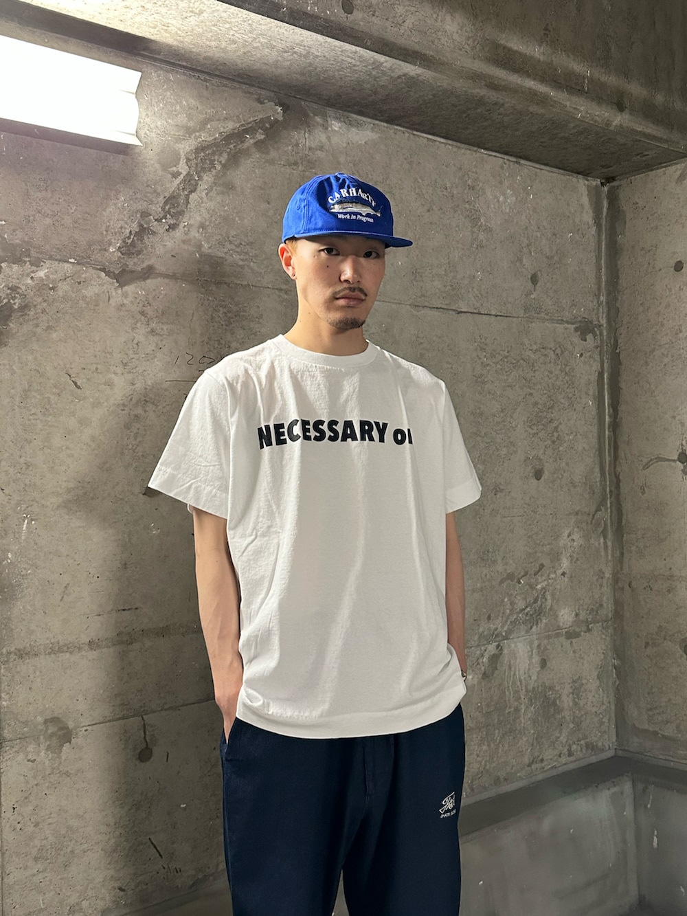 「WHO’S WHO gallery、ベスト、春夏コーデ、カーゴパンツ、パラシュートパンツ、デニムパンツ、白、ワイドパンツ、ビッグシルエット、お出かけコーデ日記、Tシャツコーデ、レイヤードスタイル」｜「WHO'S WHO galleryのCOOPER FACTミリタリースタンドカラーベスト（ベスト、ホワイト系）」を使った、mitsuoさん（骨格ストレート・メンズ・176cm）の春コーディネートの5枚目の写真