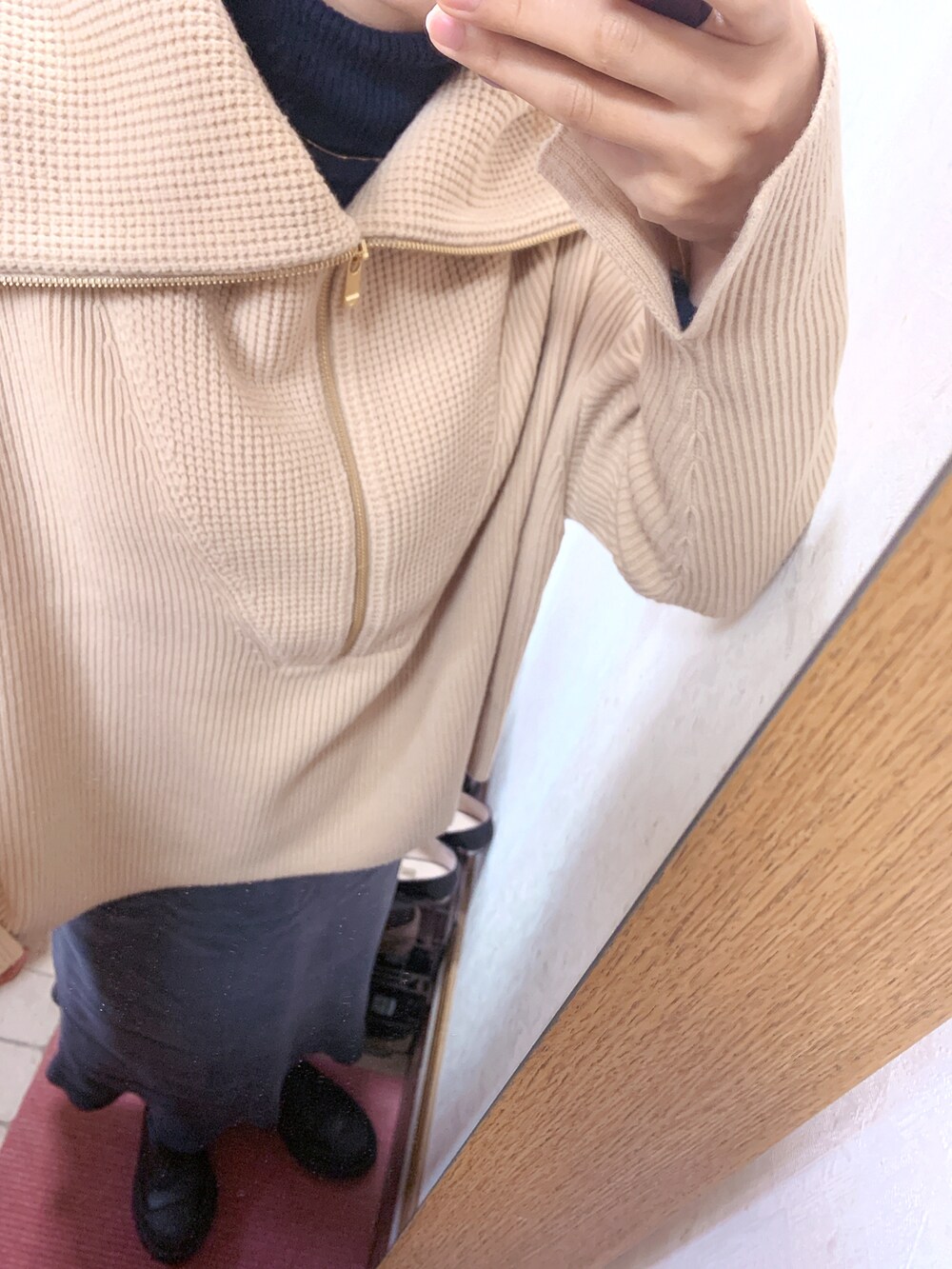 「おしゃれさんと繋がりたい、ブーツ、ニット、スカート、アウター」｜「Spick & Spanの【TRADITIONAL WETHERWEAR】別注キルティングノーカラージャケット◆（その他アウター、ブラック系）」を使った、みむさん（レディース・156cm）の冬コーディネートの2枚目の写真