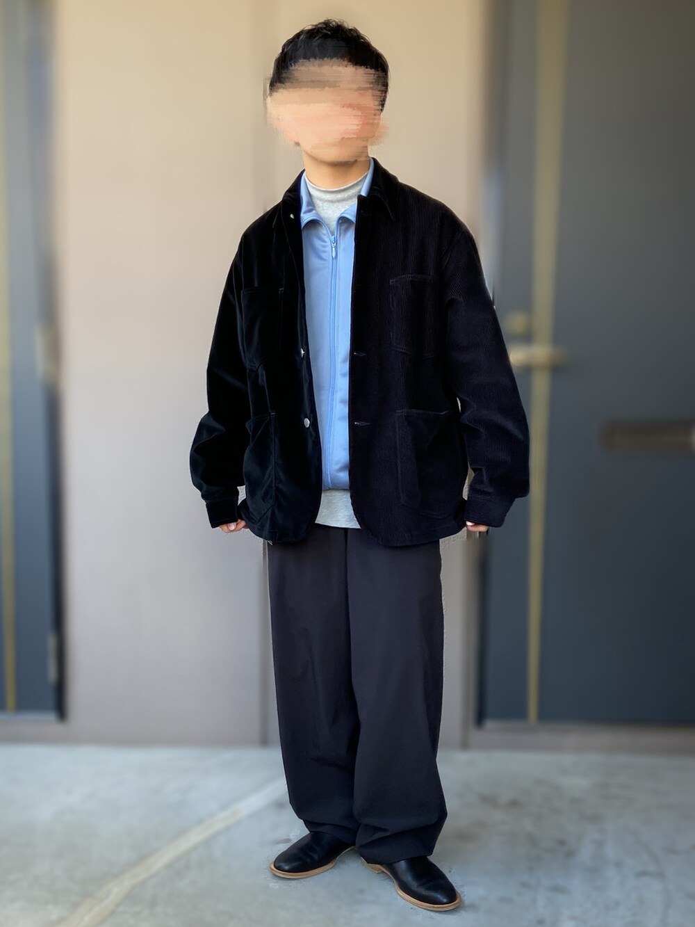 「jieda、JieDa、NEEDLES、トラックジャケット、FreshService、ISHMM、ナイロンパンツ、低身長男子、カバーオール、コーデュロイ」｜「ISHMMのishmm sabot black（シューズ、ブラック系）」を使った、おます@低身長(159cm)さん（メンズ・159cm）の春コーディネートの2枚目の写真