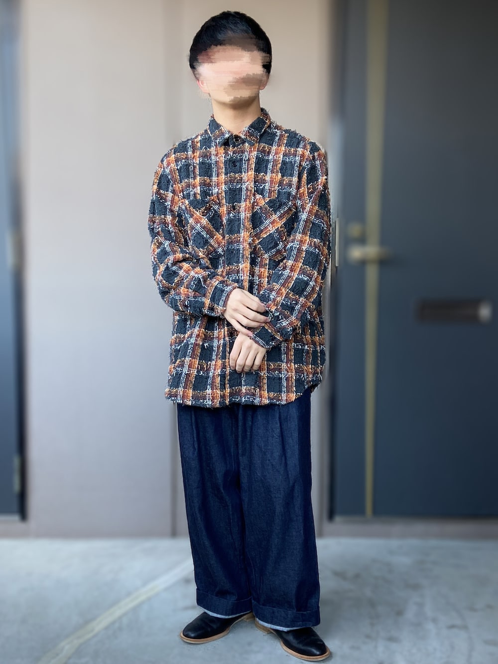 「brunaboinne、BRU NA BOINNE、holiday、ISHMM、Traditional Weatherwear、traditionalweatherwear、チェックシャツ、サボサンダル、低身長男子、ナイロンジャケット」｜「BRUNABOINNEのBRU NA BOINNE バルバシャツ　S（シャツ/ブラウス、その他）」を使った、おます@低身長(159cm)さん（メンズ・159cm）の冬コーディネートの2枚目の写真