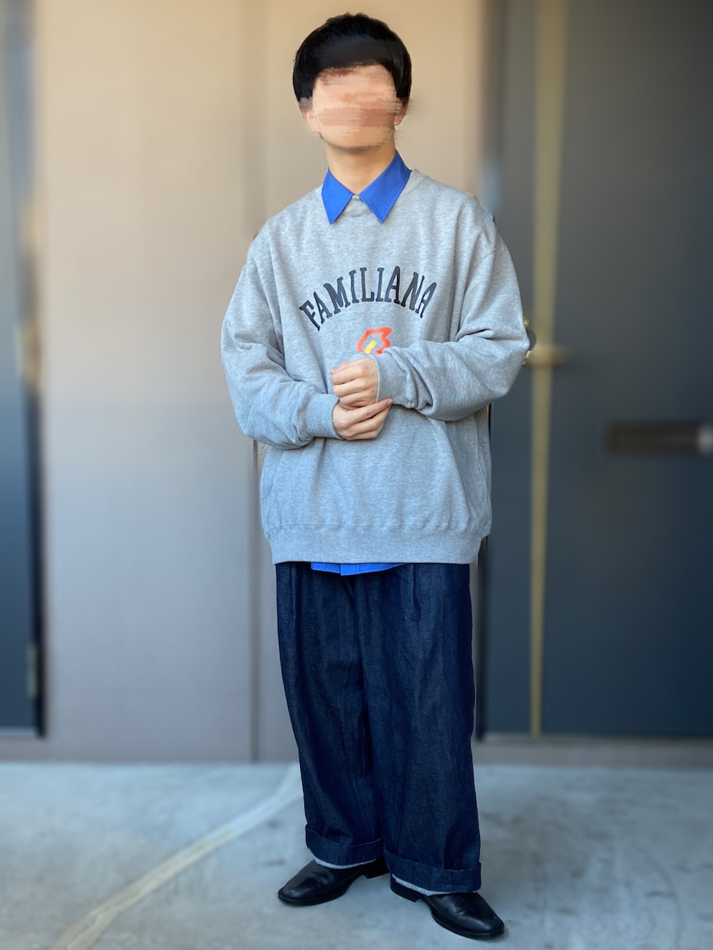 「FreshService、DAIWAPIER39、name.、Traditional Weatherwear、ISHMM、革靴、ジップシューズ、ゆるスウェット、ブルーシャツ、低身長男子、コーデュロイ」｜「ISHMMのISHMM ZIPレザーシューズ（ドレスシューズ、ブラック系）」を使った、おます@低身長(159cm)さん（メンズ・159cm）の冬コーディネートの4枚目の写真