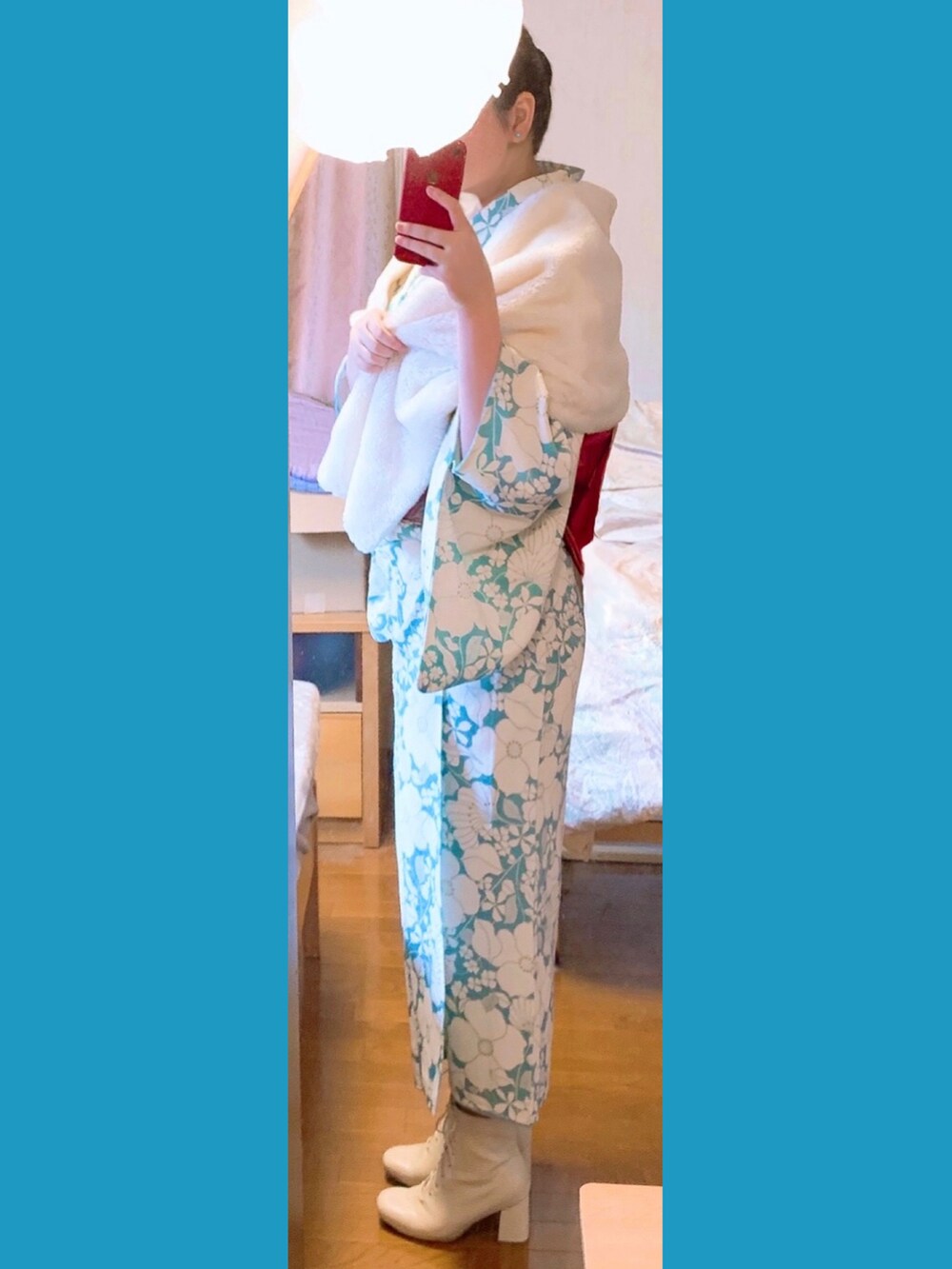 「着物、和洋折衷、着物×ブーツ、アンティーク帯、ビーズ半衿、大正浪漫、レトロ、しまむら」｜「しまむらのアイテム（ブーツ、ホワイト系）」を使った、つむぎさん（レディース・160cm）の秋コーディネートの2枚目の写真