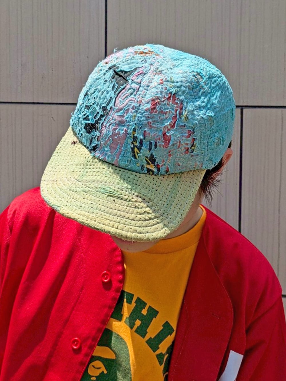 「メンズファッション、ベースボールシャツ、今日のコーデ、エイプ、古着、古着MIX、古着コーデ、ストリート、レッド、赤」｜「LABORATORY Rの【USED】90’s Majestic “New York Yankees” ゲームシャツ USA製（シャツ/ブラウス、レッド系）」を使った、LABORATORY®さん（メンズ・177cm）の夏コーディネートの3枚目の写真