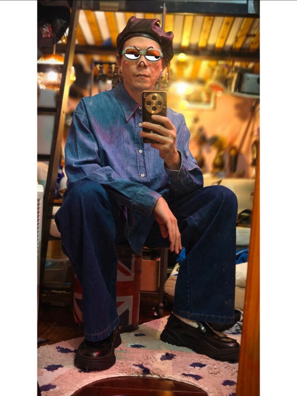 ブルー系のシャツ/ブラウスを着用したメンズの冬コーディネートの2枚目の写真